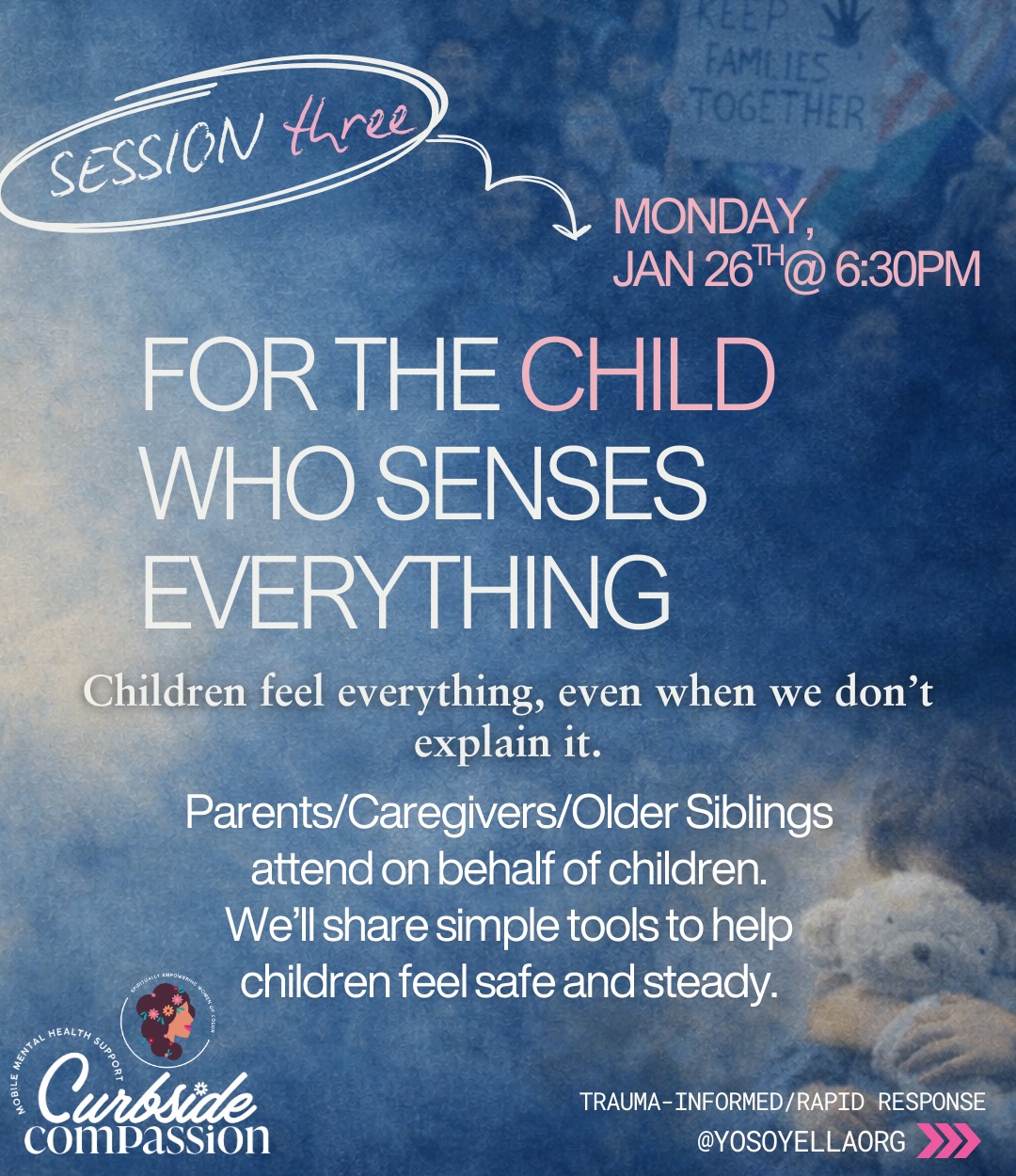 In moments of collective stress, grief and trauma, showing up can mean pausing together.
This series was created to offer gentle, trauma-informed community grounding spaces for #immigrant communities, advocates and allies navigating fear, stress, and emotional overload.
No pressure. No sharing required. Just space to breathe, regulate, and feel supported.
🗓 Session Schedule (Online via Zoom):
✅Parents: Monday, Jan 12th @ 6:30 PM
✅Teens: Monday, Jan 19th @ 12:30 PM
✨Children (caregivers attend with child(ren)): Monday, Jan 26th @ 6:30 PM
✨ Services are free✨
🔗 Google Form in our bio⬆️. Zoom link will be provided upon completion of the google form (RSVP).
🤍📧If you are a facilitator who offers grounding or regulation practices and are interested in donating 30 minutes of your time for one of these sessions, please email us, we’d love to connect.
“We see you.”🤍 #YoSoyEllaOrg #CurbsideCompassion #CompassionAboveTheCrisis