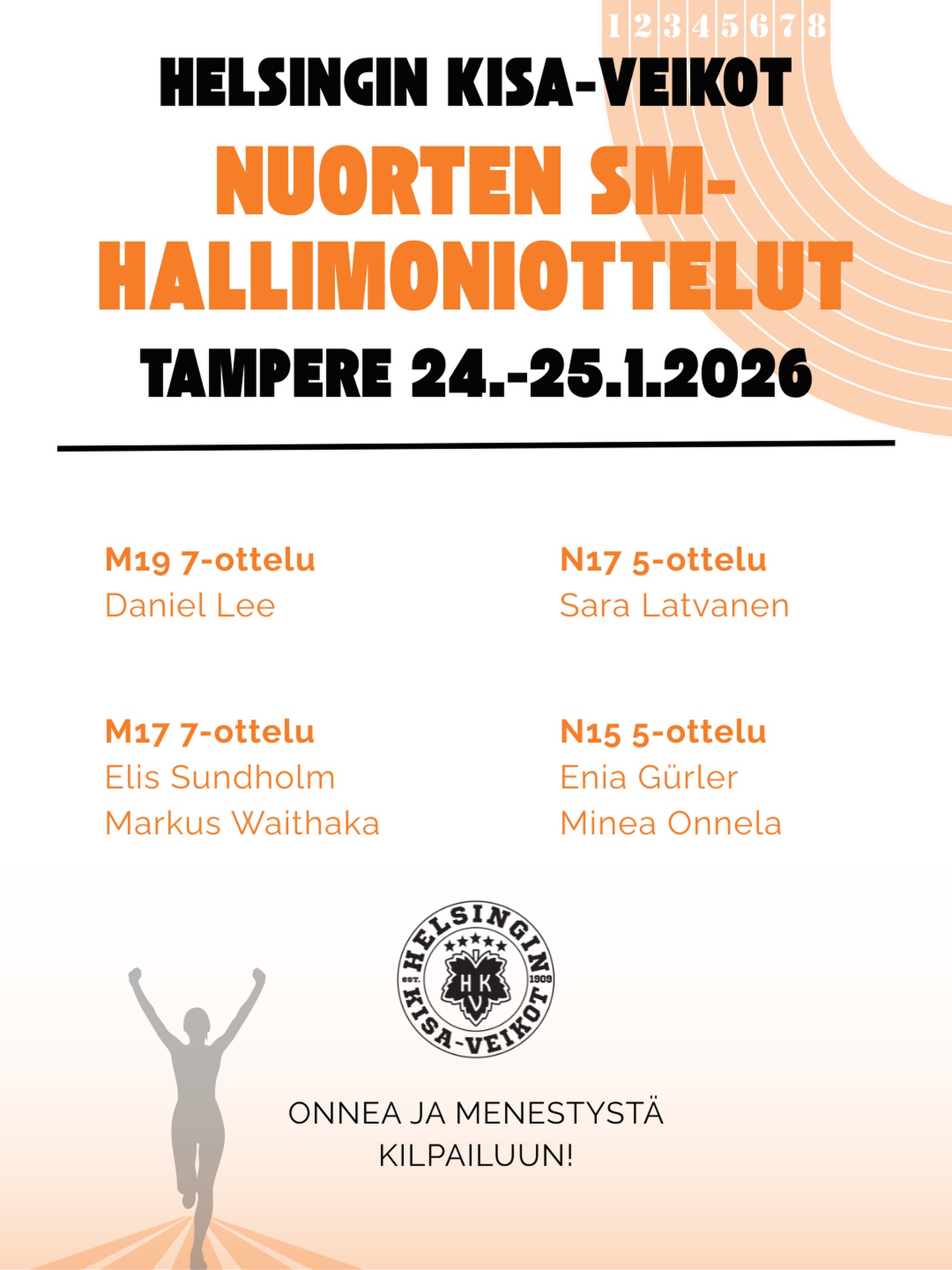 Vuoden 2026 ensimmäiset SM-kilpailut käydään viikonloppuna Tampereella nuorten SM-hallimoniotteluiden merkeissä.
Paljon tsemppiä kisaveikoille!đ§Ą