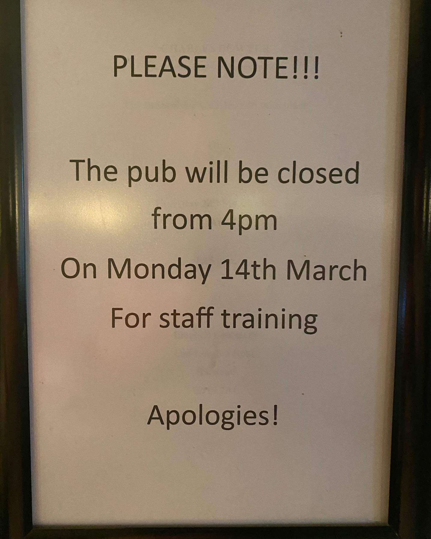 Apologies for the late notice but we will be closing at 4pm today for staff training, sorry for any inconvenience. #publife #training