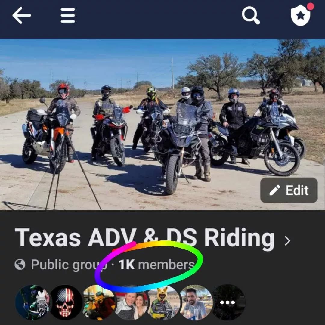 Celebrating a BIG milestone in our Adventure & Dual-Sport motorcycle group on Facebook this week. 1,000 members!
If you ride ADV or DS in Texas, check out the group.