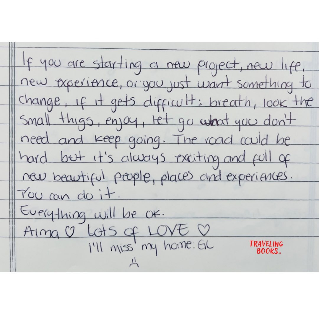 “25-02-2020
If you are starting a new project, new life, new experience, or you just want something to change, if it gets difficult: breath, look the small things, enjoy, let go of what you don’t need and keep going. The road could be hard, but it’s always exciting and full of new beautiful people, places and experiences.
You can do it.
Everything will be ok.
Alma ❤️ LOTS OF LOVE ❤️”
#travelingbooksproject #toronto