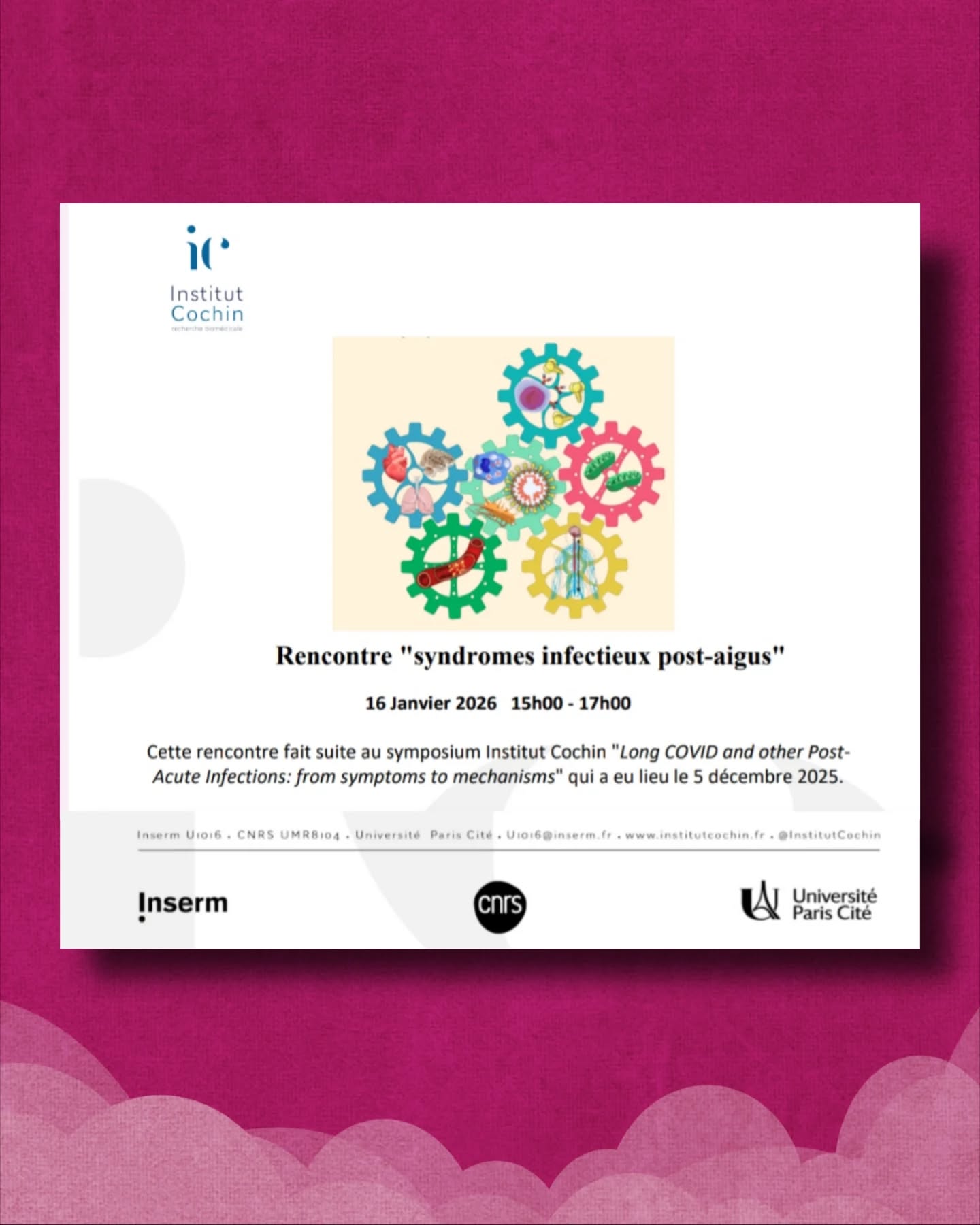 🧵 #ApresJ20 présente à l’after du symposium de l’Institut Cochin #CovidLong
Ce vendredi, l’association #ApresJ20 était présente lors du temps d’échanges pour les associations organisé dans la continuité du symposium international « Long COVID and other Post-Acute Infections », tenu en décembre à l’Institut Cochin.
🔬 Ce moment a permis de prolonger les discussions scientifiques autour des mécanismes aujourd’hui explorés dans le #CovidLong et les syndromes post-infectieux :
- Persistance virale
- Dérégulations immunitaires
- Atteintes multisystémiques
- Approches physiopathologiques
➡️ Ces avancées ouvrent des perspectives prometteuses, notamment sur l’identification de biomarqueurs et une meilleure compréhension des mécanismes multiples en jeu.
🏥 Ces travaux sont essentiels pour :
- Améliorer la reconnaissance du #CovidLong
- Structurer les parcours de soins
- Soutenir le développement d’outils diagnostiques
- Préparer de futures stratégies thérapeutiques adaptées aux besoins des patients
🤝 Les échanges entre chercheurs, soignants, associations et personnes malades ont mis en lumière :
- L’importance du dialogue entre recherche et terrain
- La nécessité d’intégrer la parole et le vécu des patients
- Le besoin d’agir ensemble jusqu’à l’obtention d’une prise en charge satisfaisante
🗣️ Plusieurs personnes malades ont également pris la parole lors de ces échanges, rappelant combien leur expérience est indispensable pour orienter la recherche et les pratiques de soins.
🌍 Les échanges entre les différentes associations sur le Covid Long et celles sur d’autres syndromes post infectieux (SPI) permettent de croiser les expertises et de renforcer la dynamique de recherche autour du Covid Long et des SPI.
📣 Être présents dans ces espaces est indispensable :
- Pour porter la voix des personnes malades
- Pour co-construire des projets de recherche et d’essais thérapeutiques avec les équipes scientifiques
- Pour renforcer durablement les ponts entre science, soin et vécu patient
🙏 Nous remercions chaleureusement l’@institutcochin ainsi que l’ensemble des chercheurs et soignants mobilisés pour :
⏬Suite en commentaire⏬