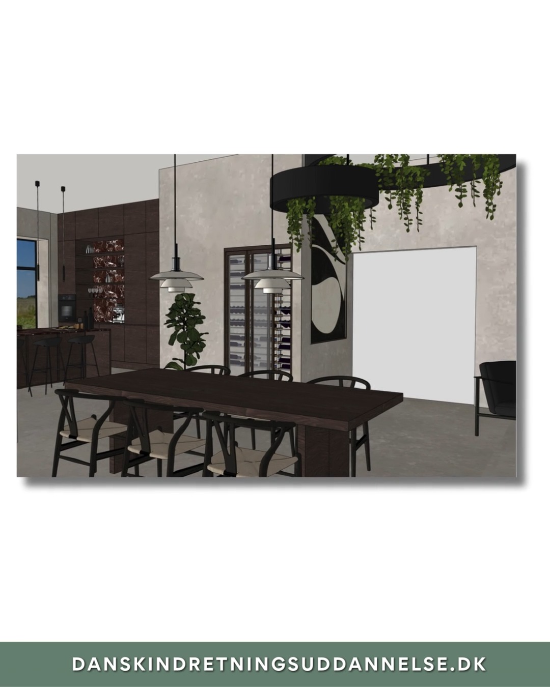 Modul 16 · Plantelære
Planter er ikke bare grønne elementer i et rum.
De skaber ro, rytme og liv – og binder arkitektur, materialer og stemning sammen på en måde, få andre virkemidler kan.
I Modul 16 arbejder vi med, hvordan planter bruges bevidst i indretningen:
hvordan de understøtter stilen, balancerer overflader og giver rummet dybde og karakter.
Her har Daria givet den lidt ekstra gas – mere end man normalt ser i private hjem.
Og netop derfor fungerer det så smukt.
Lofthøjden, den stringente Contemporary Luxe-stil og de rå, naturlige overflader får lov at spille sammen, mens planterne tilfører varme, bevægelse og kontrast.
Det er et stærkt eksempel på, hvad der sker, når man bliver sikker i stilarterne og tør arbejde bevidst med fusioner.
Når ny viden omsættes til klare valg – og naturen får en naturlig plads i det samlede udtryk.
Vi elsker at se vores studerende vokse på den måde 🌿