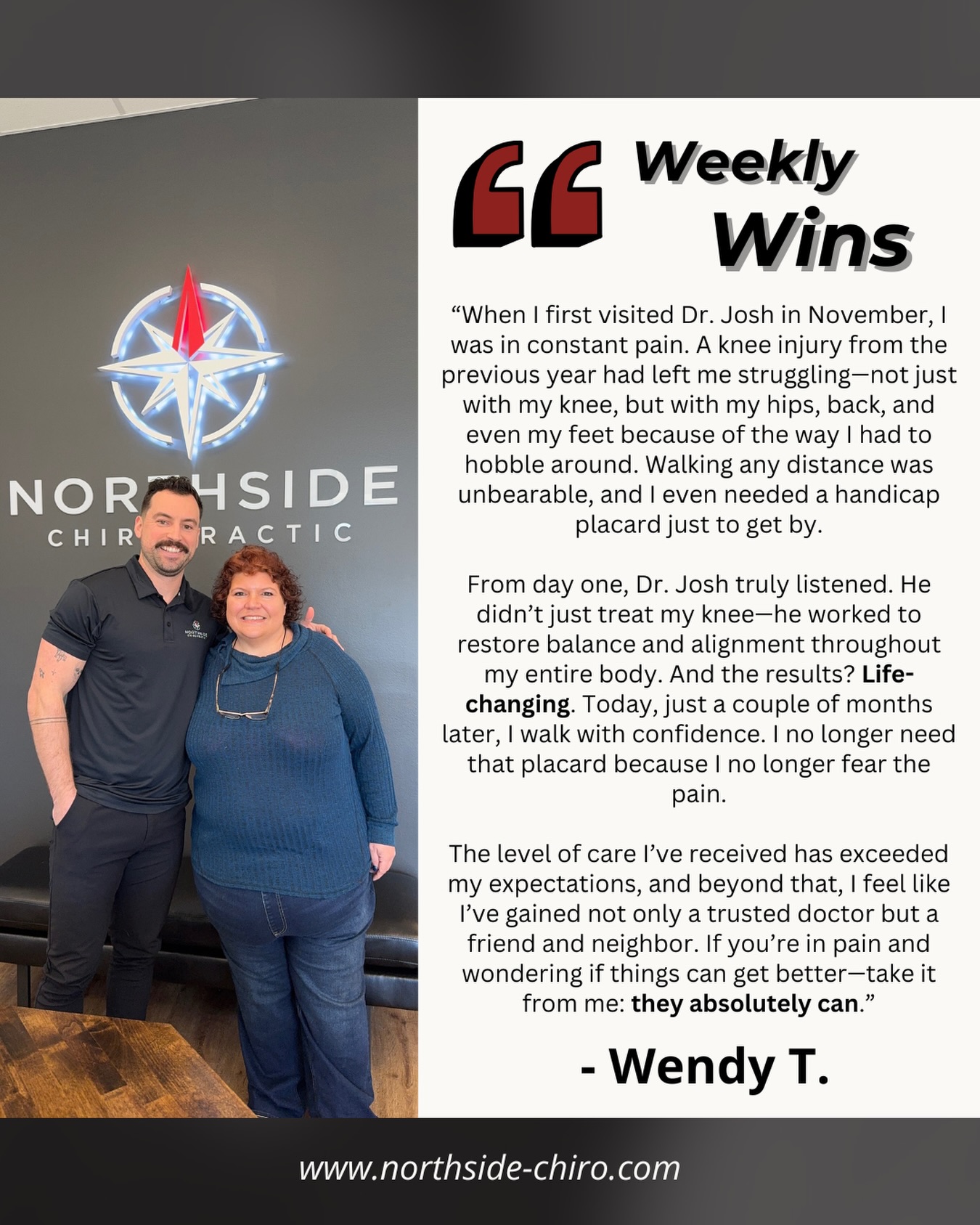 It might be Thursday on the calendar, but it is a WINS-day in our books!!
Wendy has been coming in for a few months now and has been seeing AWESOME results!! She’s also an amazing person and we love having her around the office!!
If you’ve been dealing with pain that is impacting your ability to do the things you enjoy, please don’t hesitate to reach out! Dr. Josh would love to take a look and come up with a personalized care plan to help get you back on track and PAIN FREE!
We’re still running our New Patient Special, so you can learn more about the root causes of your symptoms, find out how we can help, AND receive your first and second adjustments, all for just $29! 😎
Give us a call at 864-359-1868, shoot us a DM, or check out our website to schedule your initial visit today!
See you on the Northside!
#chiro #greenville #travelersresthere