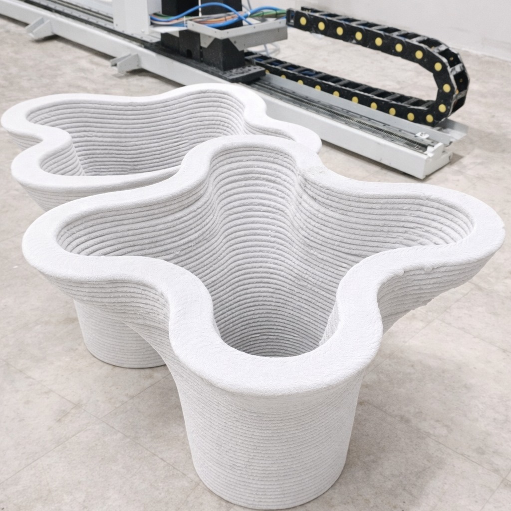 A multi-lobed wall geometry with smooth, continuous curvature.
The form is built from stacked circular layers,
creating a uniform surface texture and consistent wall thickness.
Soft radius transitions define the overall shape,
while the layered pattern remains continuous
across the entire height of the object.
#3dconcreteprinting
#freeformgeometry
#layeredmanufacturing
#concreteprinting
#roboticfabrication
#digitaldesign