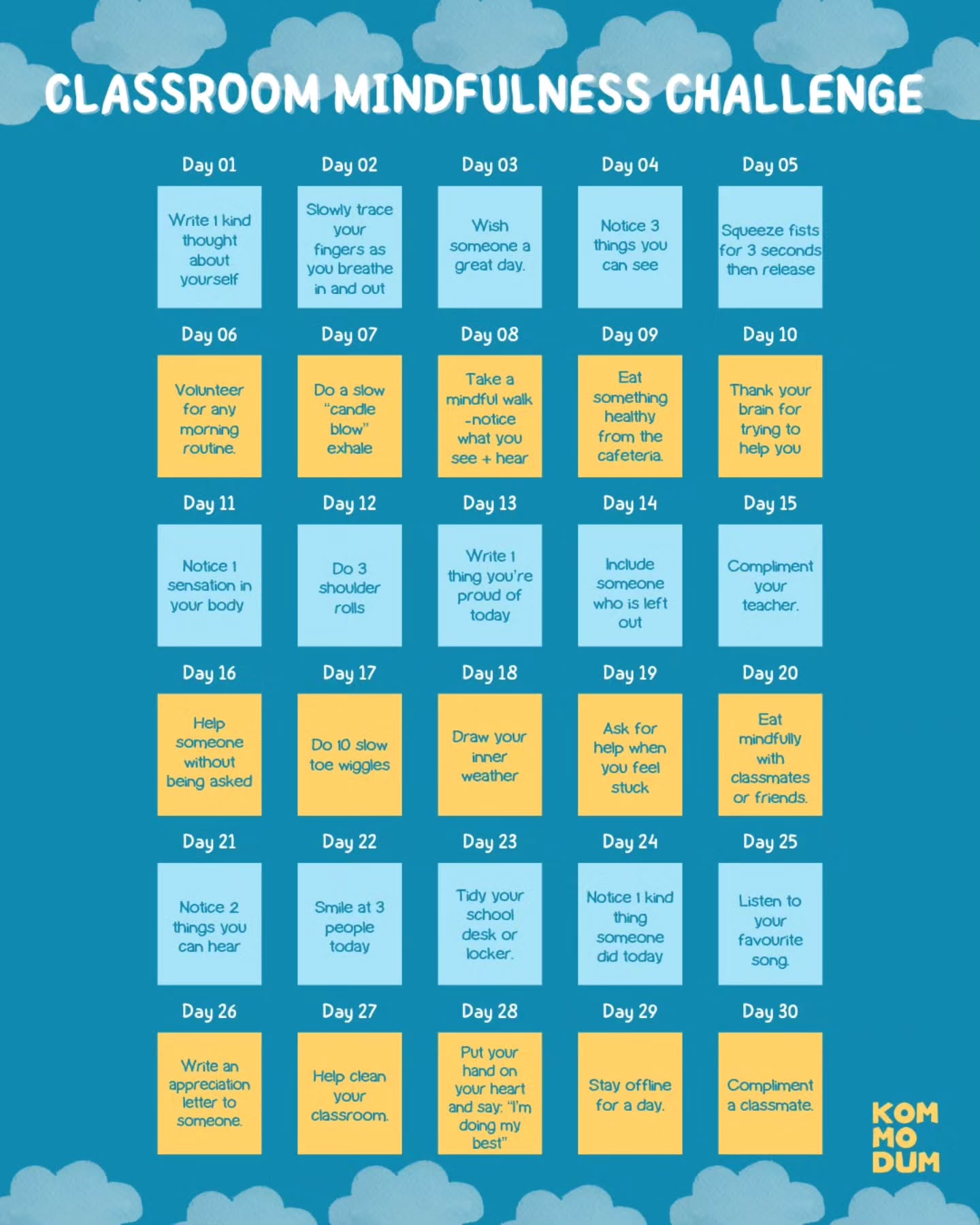 Here's how it goes ⬇️
⭐️Students complete one new mindfulness activity each day (Day 1 to Day 30).
⭐️To keep it simple and motivating, each student receives their own personal bingo card / challenge tracker that matches the 30 daily activities.
⭐️After completing the day’s challenge, whether it’s done together in class (like breathing or grounding) or independently during the school day (like offering kindness or drawing their inner weather) students tick, colour in, or sticker that day’s square.
The magic of this approach is that the tracking is student-owned, not teacher-controlled: children don’t need to “prove” what they did, and they never have to share personal feelings or information aloud. This works brilliantly because it builds autonomy, honesty, and intrinsic motivation (“I’m doing this for me”), while keeping the challenge fun, low-pressure, and trauma-sensitive.
Over time, students can visually see their progress across the 30 days, which reinforces the idea that small daily practices build big skills: calm, focus, confidence, and a kinder classroom culture 👩🏫🏫
Ready to start your classroom mindfulness challenge today? ⭐️
#kommodumkids
#mindfulness
#30daychallange
#classroom
#teachers