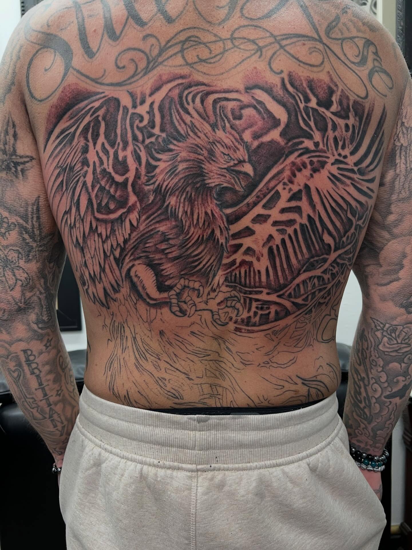 Another session on this back piece.. work in progress, can’t wait to post more pics of this one… #tattoo #tattooartist #pheonixtattoo #backtattoo