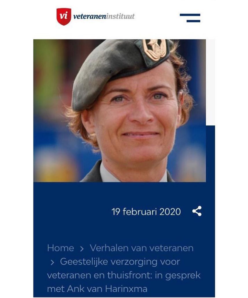Sta eens stil bij de verhalen van veteranen. Ik heb de mooie kans gekregen om een artikel te schrijven over een geestelijk verzorger die veteranen begeleid. Lees het hele artikel op https://www.veteraneninstituut.nl/verhalen-van-veteranen/geestelijke-verzorging-voor-veteranen-en-thuisfront-in-gesprek-met-ank-van-harinxma/
