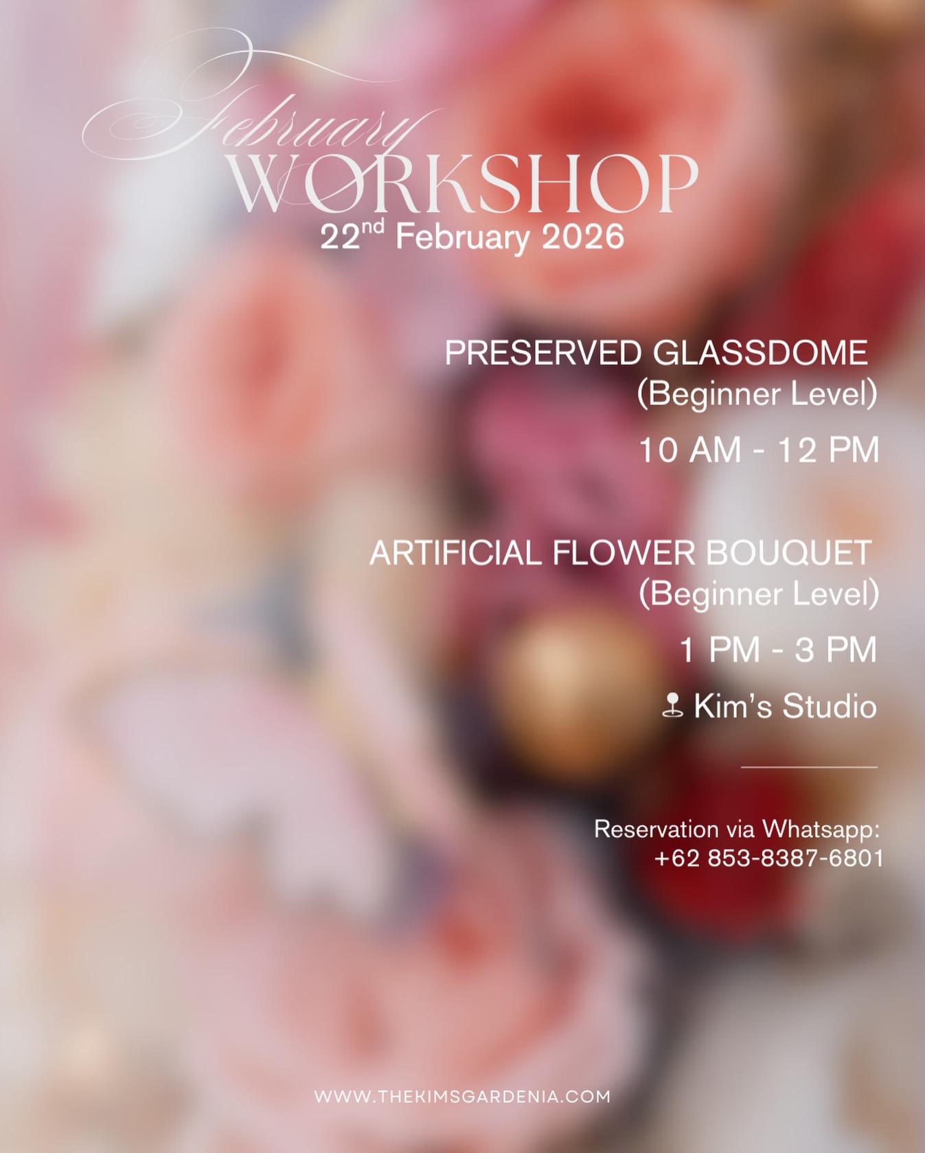 Intimate introduction to the art of floral arrangements,
Learn to compose balance, form, and beauty with intention.
Class open in February
🌸 Floral Arrangement Workshop
📅 22nd Feb 2026📍Kim’s Studio
💐 From IDR 199K
✨ Limited attendance
Discover how flowers can tell your story ✨
📍 Medan | WhatsApp +62 853-8387-6801
💌 thekimsgardenia@gmail.com
🌎 www.thekimsgardenia.com