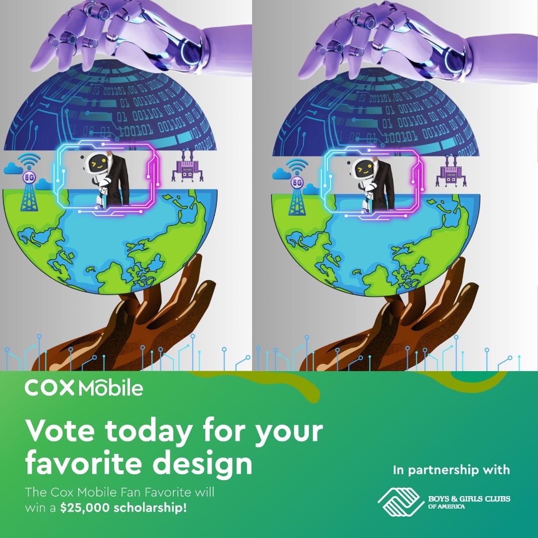 We are so excited to share that Tabais Williams
is the Middle Georgia finalist for Cox Mobile’s “A World Within Reach” Phone Case Design Contest!
Their design was inspired by “The never give up attitude of business innovators. This piece shows off a future leader changing the world. By mixing todays and the future elements, I’m showing how today’s dreams can become tomorrow’s big achievements.
My work challenges viewers to think about their own potential to make a difference, reminding them that the future isn’t just something we wait for it’s something we can grab right now.”
Tabais is now competing for a $25,000 Fan
Favorite scholarship. Click here to vote for
him today! www.cox.com/phonecasecontest
This opportunity has been such an incredible
way to showcase their creativity and support a
great cause!
#CoxMobileDesignContest
#AmericaNeedsClubKids
#GreatFutures
@bgca_clubs @coxcommunications
The link to vote will be in our bio!