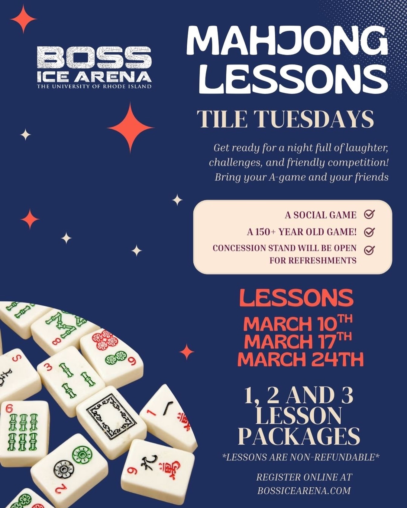 Tile Tuesdays is coming to Boss Ice Arena! 🀄️🎲
Are you looking for a new and exciting hobby in 2026? Look no further, Mahjong lessons are coming to Boss Ice Arena!
We are offering three 90-minute session lessons throughout the month of March. Come for one, or all three!
Get ready for a night full of laughter, challenges, and friendly competition!
Bring your A-game and your friends! 🀄️🎲 #mahjong
Register online at bossicearena.com
🔗 https://boss.finnlyconnect.com/registration/activityitem/24109