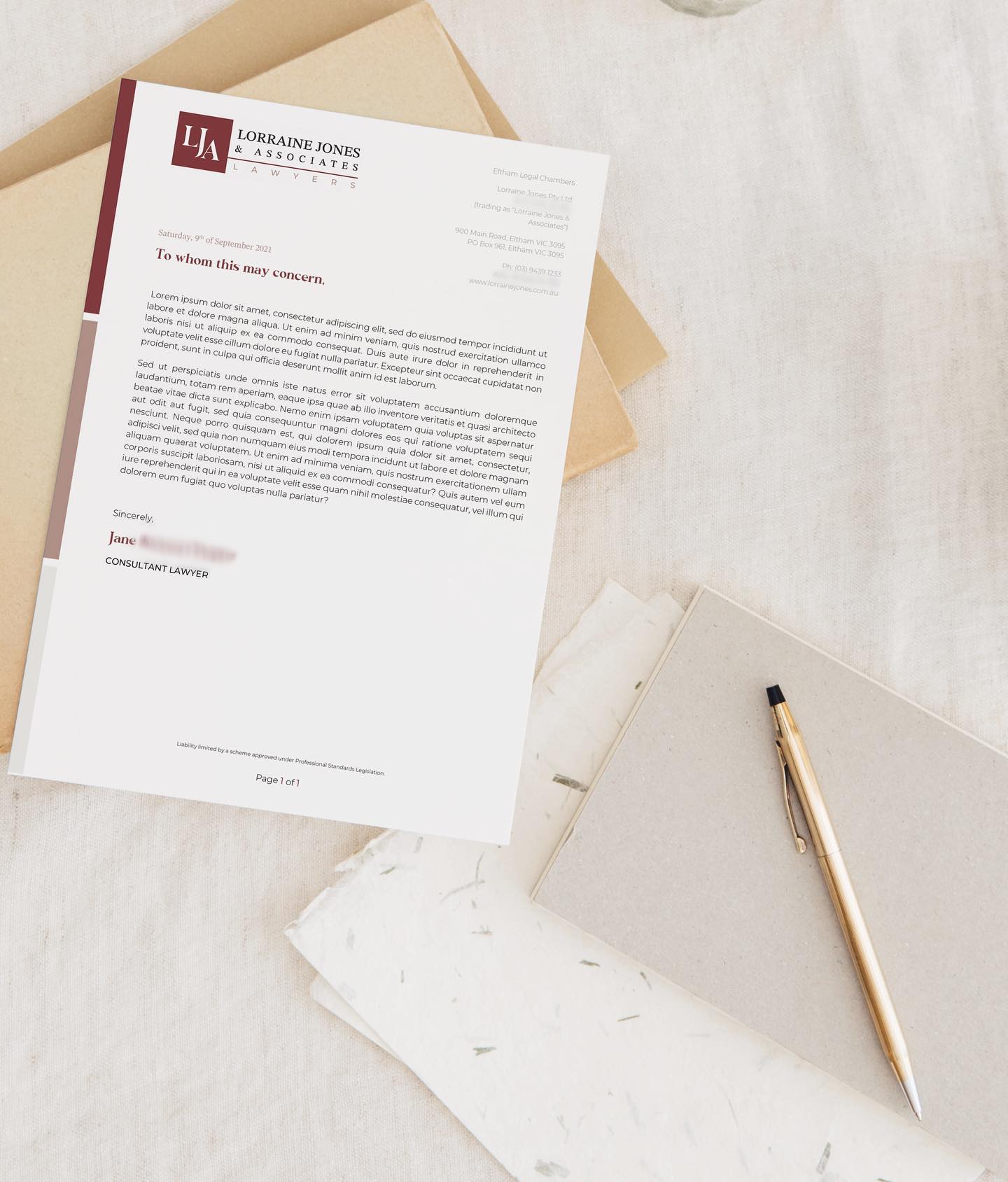 Letterhead Design • A letterhead, by definition, is a heading on the topmost sheet of your business paper. It carries your company name, address, contact details, and logo. It is meant to be used for all the documents and letters you create and send in your business.
Typically in Word format, it’s an easy tool to send information across to clients whilst ensuring your branding is still being communicated.
Client: Lorraine Jones & Associates Lawyers
-
#brandingdesigner
#graphicdesignmelbourne
#freelancegraphicdesigner
#brandingconsultant
#brandidentity
#womensupportingwomeninbusiness
#wearethecreativeeconomy
#mycreativecommunity
#brandstorytelling
#creativeladydirectory
#mycreativebiz