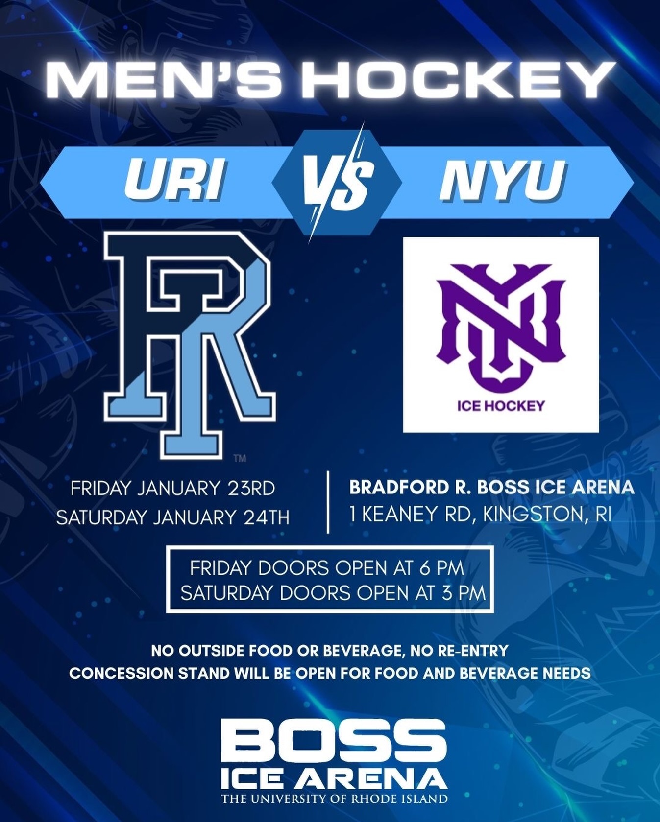 GAME DAY!! 🏒
Everything you need to know before going to URI vs NYU on January 23rd & 24th. See you there, Rams!