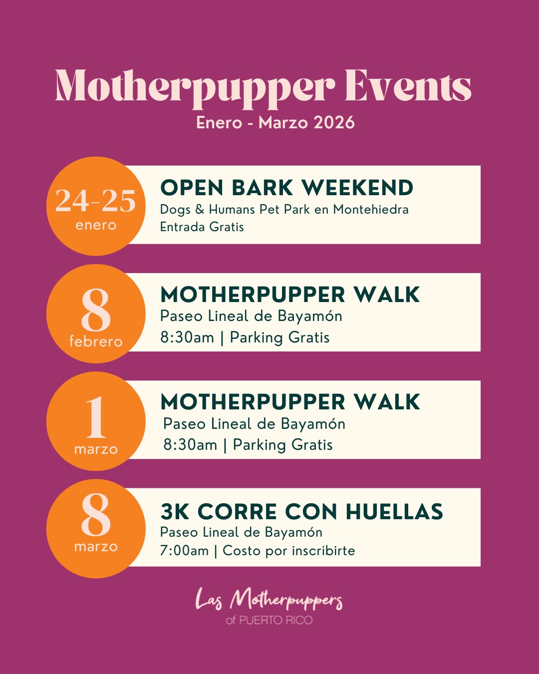 Save the Date, Motherpuppers!🐾✨
¡Se vienen cositas buenas! 🧡 De enero a marzo tenemos varios eventos planeados para seguir creando comunidad, caminar juntas, conectar, aprender y pasarla brutal con otras dog moms (y sus puppers 🐶).
📅 Guárdalos en tu calendario
💬 Invita a tu bestie dog mom
🐕 Ven con tu perro o ven sola — aquí siempre hay buena vibra.
Estos encuentros son para compartir, conocernos en persona y seguir fortaleciendo esta comunidad tan linda que estamos creando juntas.
¿A cuál te apuntas?
#LasMotherpuppers #DogMomsPR #dogsofpuertorico #DogMomClub #puertorico