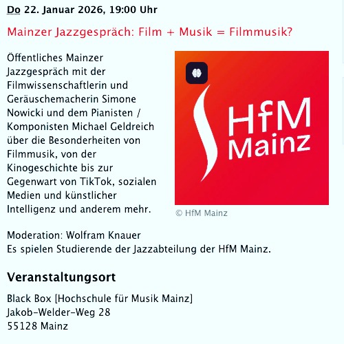 🎬🎶 Film + Musik = Filmmusik?
Oder ist es ein bisschen komplizierter als das?
Heute beim Mainzer Jazzgespräch spreche ich mit dem Pianisten und Komponisten Michael Geldreich über Filmmusik zwischen Kinogeschichte, TikTok, Social Media und KI. Moderiert von Wolfram Knauer.
Live-Musik gibt’s von Studierenden der Jazzabteilung der Hochschule für Musik Mainz – ich freu mich!
📍 Black Box, Hochschule für Musik Mainz
🗓 heute
Kommt vorbei, bringt Neugier mit 💛
#filmmusik #soundstudies #foleyartist #jazzgespräch #mainzgefühl #phdstudents #geräuschemacherin #womeninsound
@unimainz @hfmmainz @konfigurationendesfilms