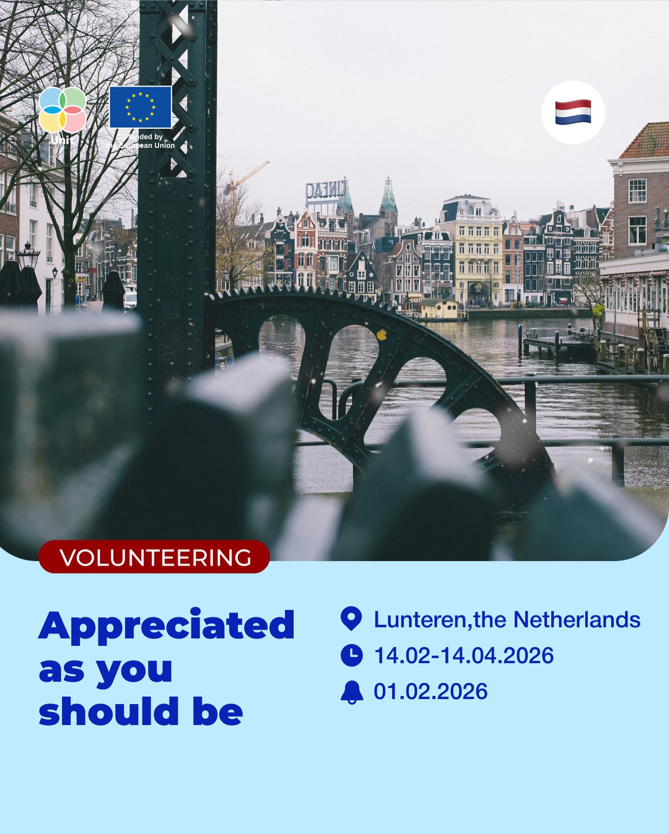 Пошук учасників на короткостроковий волонтерський проєкт «Appreciated as you should be»🙌🏻
⏳Тривалість проекту: 2 місяці (59 днів)
📆Початок: 14.02-14.04.2026
🌍м. Люнтерен, Нідерланди
✏️Волонтери працюватимуть в соціальному ресторані/хостелі в м.Люнтерен.
Серед основних задач:
➡️ участь в управлінні закладами;
➡️ підтримувати принцпи «екологічності» в закладах (сприяти сталому підходу до роботи, сортуванню сміття і тд);
➡️ просувати ідею «спільного столу» (означає, що люди, які самотні, або ті, хто просто хоче познайомитися з новими людьми, ділять один стіл);
➡️ організовувати різноманітні соціальні заходи для місцевої громади (вечері для українських біженців, прогулянки для літніх людей, нетворкінгові зустрічі, майстер-класи тощо).
🔎Кого ми шукаємо?
▪️учасників з інвалідністю (фізичною або ментальною) віком 18-30 років. Участь з асистентом можлива;
▪️зі знанням англійської мови;
▪️з активною життєвою позицією та бажанням долучитися до соціальної роботи та діяльності молодіжної організаціїі (наявність досвіду роботи в цих сферах буде перевагою);
💰Фінансування:
Проєктом покриваються витрати на проживання з усіма зручностями. Дорога покривається в рамках ліміту. Щомісяця волонтер буде отримувати гроші на їжу та кишенькові гроші. Волонтер матиме можливість вивчати нідерландську мову протягом проєкту. Також волонтеру оформлюється повне медичне страхування.
❗️Надсилайте свої резюме та мотиваційні листи англійською мовою на адресу info@ngo-unit.org ЯКНАЙШВИДШЕ, але не пізніше 01.02.2026. В темі листа просимо зазначити ESC Appreciated as you should be.
Деталі - https://bit.ly/4pRNnpQ
Дякуємо за поширення допису серед друзів!
#ngo_unit #esc #project