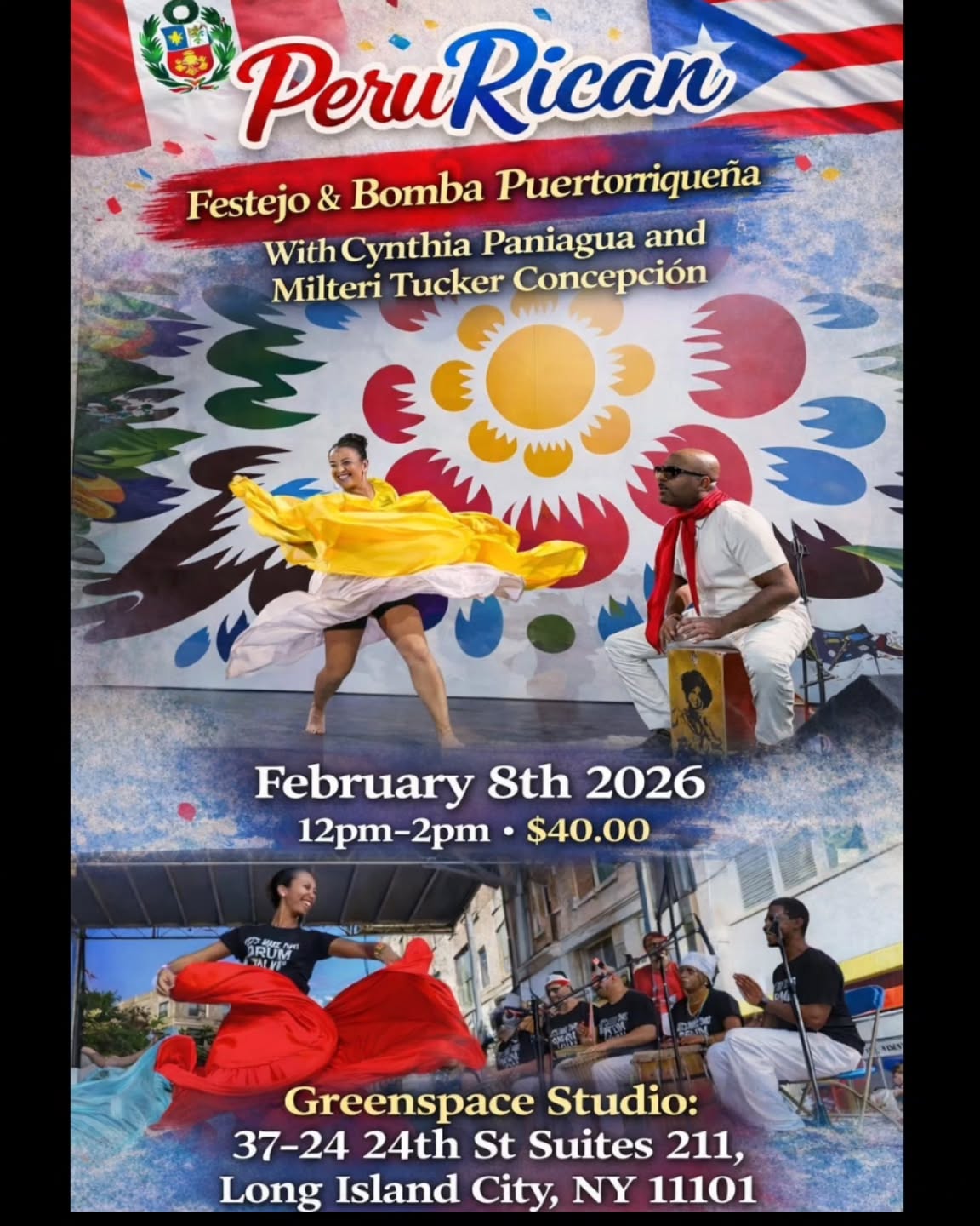 FINALLY IT'S HERE! I'm excited to announce a very special dance class which celebrates all of my Ancestors! 🇵🇪🇵🇷🇵🇪🇵🇷🇵🇪🇵🇷 What a blessing to teach with my dance fam!
✅️✨️Link in bio to register. OJO: Be sure to register and save your spot in advance before its sold out !
Details:
🇵🇪🇵🇷 Renowned cultural dancers and educators, Cynthia Paniagua, founder of Kaypacha Dance and Milteri Tucker Concepcion, founder of Bombazo Dance Company come together to offer a unique and special 2hr dance workshop highlighting the Afrodiasporic dances of FESTEJO de Peru & BOMBA PuertoRiqueña ! It's a PERURICAN dance class which will also insert songs heard at Boricua jam parties and Peruvian jaranas. In other words IT'S GONNA BE OTRA COSAAAAAA ! 🇵🇷🇵🇪🇵🇷🇵🇪🇵🇷
***Get your dance on to live percussion by 2x Grammy nominated percussionist Oreste Abrantes and Peruvian percussionist specialist Hector "Jereto" Ferreyra.
✅️ When: FEBRUARY 8TH from 12pm - 2pm
✅️ Where: GreenSpace Studio 37-24 24th st
Long Island City, Queens, 11101
✅️ Cost: $40
✅️ Bring : Las ganas de aprender y bailar con todoooo! 🔥
WE'LL SEE YOU ON THE DANCEFLOOR, MI GENTE! Whether you are beginner or advanced, we welcome you to experience this one of a kind workshop. No dejes que te cuenten 😘
BOMBA:
Bomba is an important part of PuertoRico's African ancestral practices dating back to the 17th century, preserved and maintained by enslaved and free people of color. It's an Afro–Puerto Rican dance rooted in resistance, community, and ancestral memory. Students will learn the fundamentals of Bomba and join the Bombazo !
FESTEJO:
Students will learn and celebrate Afro-Peruvian traditional rhythm and dance of Festejo. This class leads students from the root, history & ritual of the dance. Rooted in both resistance and joy, ancestry and AfroPeruvian history, bailaremos con conciencia y conexión.