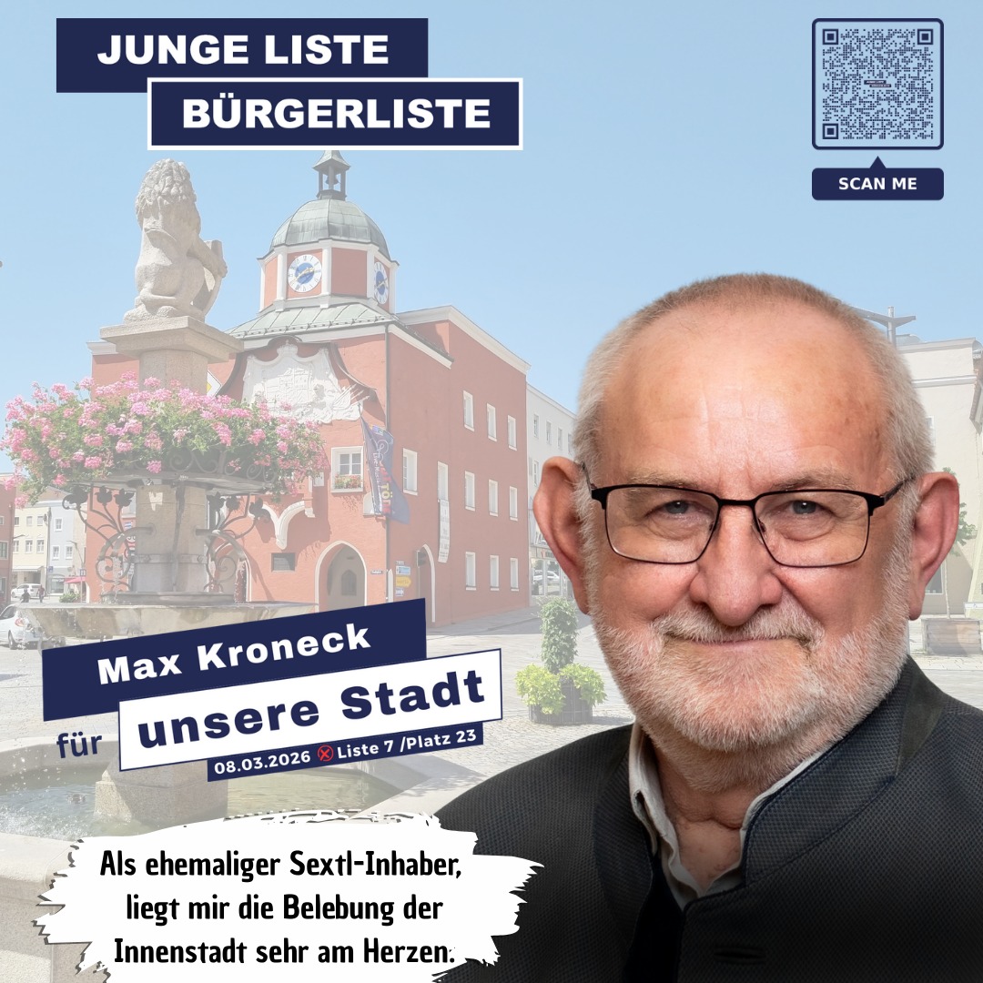 Als ehemaliger Sextl-Inhaber, liegt mir die Belebung der Innenstadt sehr am Herzen.
🏪 Max Kroneck kennt die Innenstadt wie kein anderer – mit seiner Erfahrung gibt er Impulse für ein lebenswertes Pfarrkirchen!
Lerne unsere Stadtratskandidat*innen kennen! Auf unserer Homepage www.jl-bl.de gibt es alle Infos zu unseren Zielen und Visionen – und alle Termine, bei denen du direkt ins Gespräch kommen kannst. Dein Kontakt zählt!
#kommunalwahl2026 #stadtrat2026 #pfarrkirchen #GemeinsamFürEinLebendigesPfarrkirchen