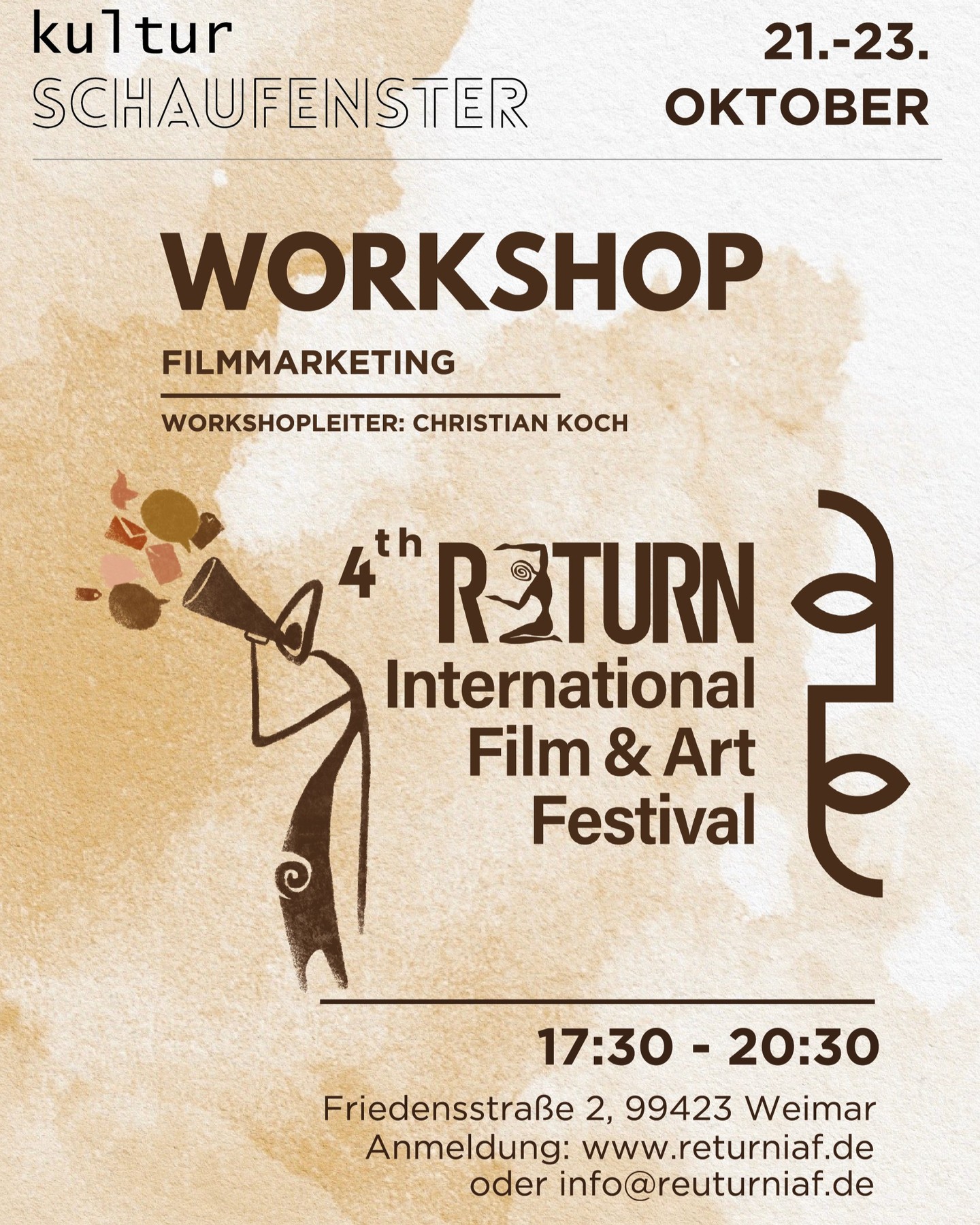 Filmmarketing-Workshop im Rahmen des 4. Return International Film & Art Festivals
Filmmarketing-Workshop vom 21. bis 23. Oktober, jeweils von 17:30 bis 20:30 Uhr.
Unter der Leitung von Filmemacher Christian Kock bietet dieser Workshop wertvolle Einblicke in das Filmmarketing. Filmschaffende, Produzenten und Interessierte können hier ihre Kenntnisse erweitern und wertvolle Kontakte knüpfen. Nutzen Sie diese Gelegenheit, um sich weiterzubilden und von einem Experten der Branche zu lernen.
Kostenfrei!
Anmeldung unter: info@returniaf.de
@returniaf
@stadtweimar