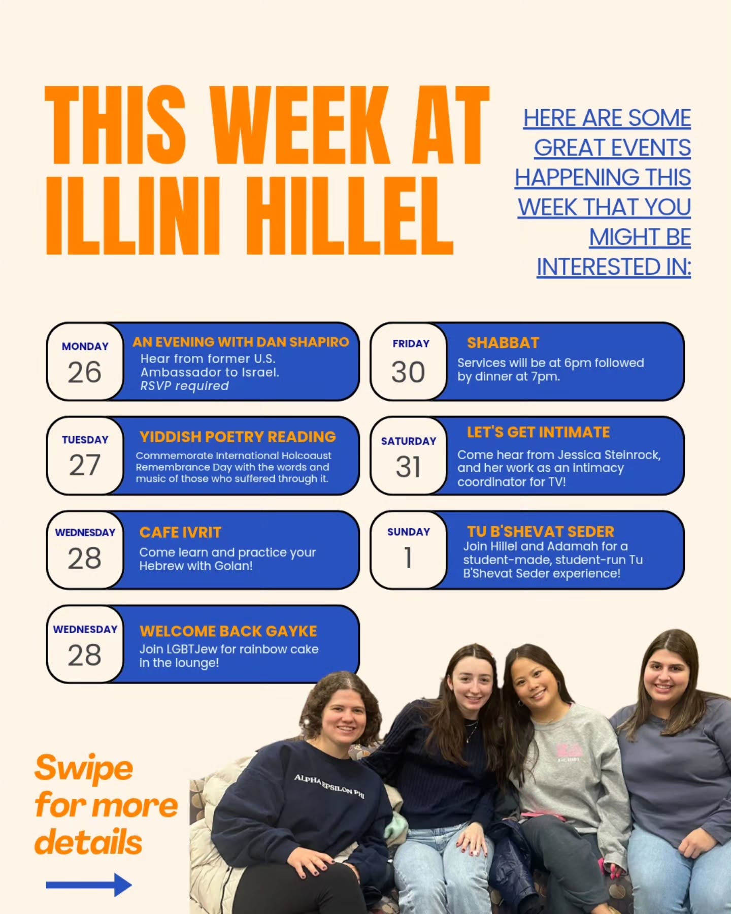 Don't let the snow keep you away!
Check out what's happening at Illini Hillel this week ➡️