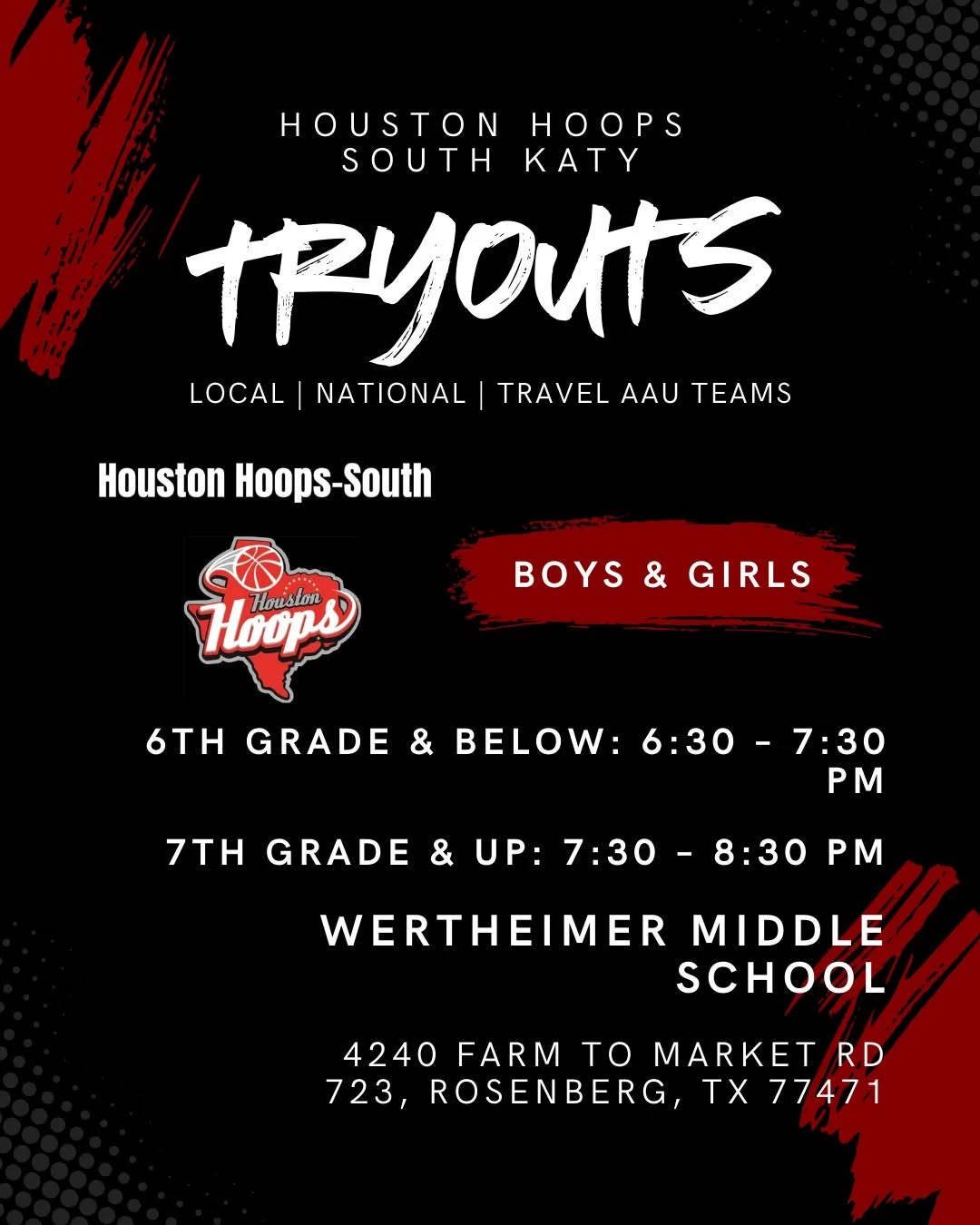 Due to weather-related gym closures, Houston Hoops South Katy tryouts originally scheduled for Sunday have been moved to Thursday.
Please share and message us with any questions
Join Houston Hoops South Katy and compete in a structured, high-energy basketball program focused on development, discipline, and team growth.
Thursday
January 29, 2026
6th Grade & Below: 6:30 – 7:30 PM
7th Grade & Up: 7:30 – 8:30 PM
📍 Location:
Wertheimer Middle School
#BasketballTryouts
#BasketballLife #KidsBasketball #BasketballGrowth #trainingbasketball