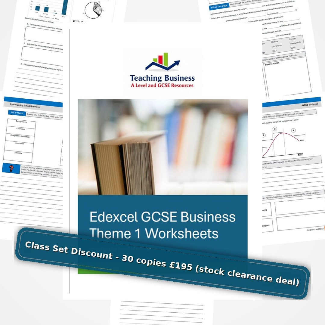 Our class set clearance offer gives schools the chance to order a set of 30 copies of Theme 1 or 2 for just £195 including P&P.
These are the ideal high-quality resource to help support your students with their exam revision and are written by an experienced examiner and Head of Department.
We accept Purchase Orders and if you would like a mixed set of 15 copies of Theme 1 and 15 copies of Theme 2 simply email us at teachingbusiness@hotmail.com.
Click on our GCSE clearance deal link for more info.
HURRY THOUGH OFFER ENDS SUNDAY 1st FEBRUARY at 12PM