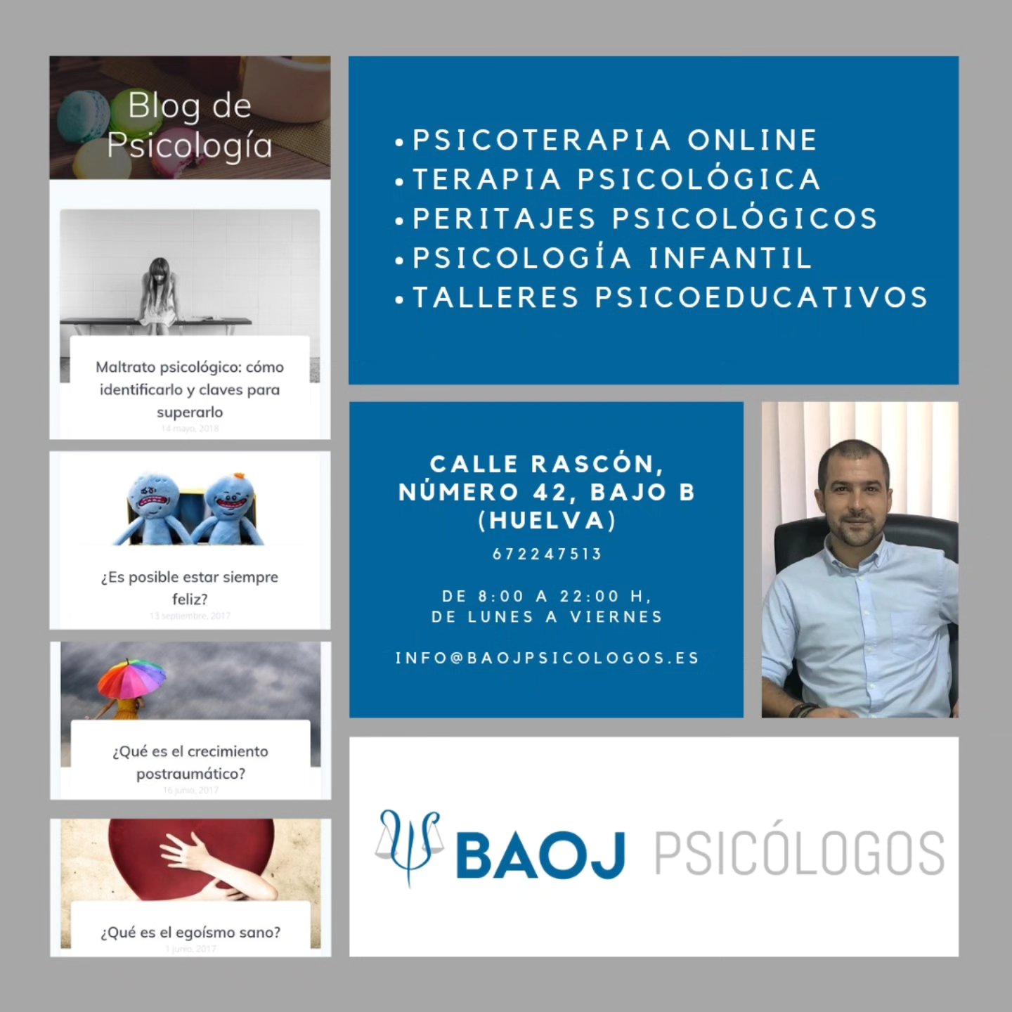 Hoy vamos a presentar a uno de nuestros colaboradores.
BAOJ Psicólogos, centro NICA acreditado en Huelva. Entre sus servicios se encuentra la terapia psicológica a adultos y niños, los peritajes psicológicos y los talleres psicoeducativos.
Más de 10 años de experiencia guían la labor de este centro lleno de profesionales de la Psicología.
¿Quieres conocer a otros colaboradores? ¿En qué provincia crees que estará el próximo?
Feliz martes 💜
#psicologiaforense #psicologia #colaboradores