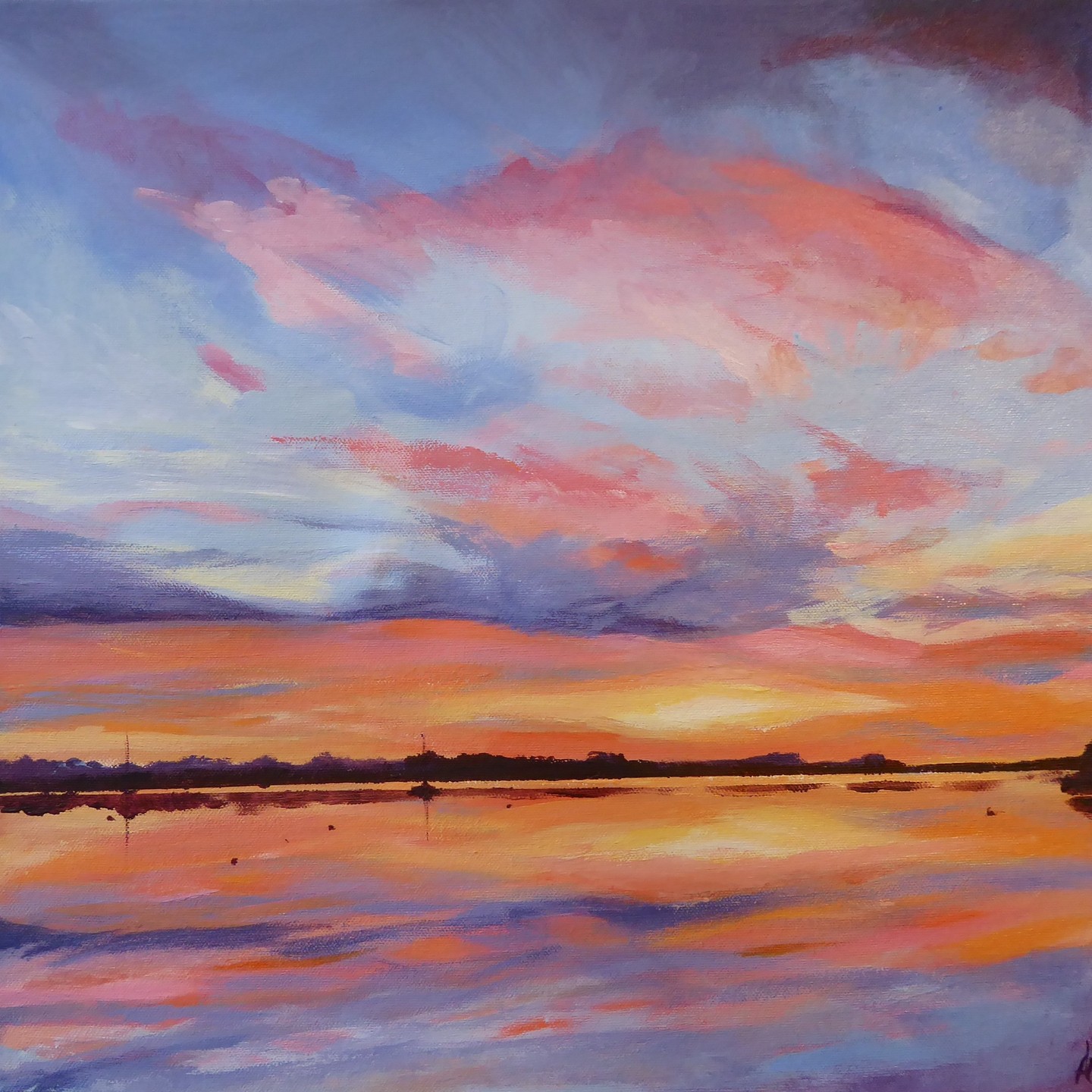 "Reflections"
Acrylic on canvas
I was enjoying the incredible red and orange winter hues.
This view is taken of Bosham harbour looking west.
My reflections are this, that as we approach Christmas, this sunlit sky reminds me about Jesus, the son of God as a great light. In Isaiah 9, he foretells Jesus coming to earth around 2,000 before it actually happened.
Isaiah 9 v 2
"The people who walk in darkness
Will see a great light;
Those who live in a dark land,
The light will shine on them.
In Isaiah 9 verses 6-7 :
"For to us a child is born,
to us a son is given,
and the government will be on his shoulders.
And he will be called
Wonderful Counsellor, Mighty God,
Everlasting Father, Prince of Peace.
Of the greatness of his government and peace
there will be no end."
#acrylic paintings #landscapes #sunsets #wintersunset #artistsoninstagram #britishartist #skiesofinstagram #reflections #lovepainting #creation #christianartists #chichesterharbours #bosham #boshamharbour