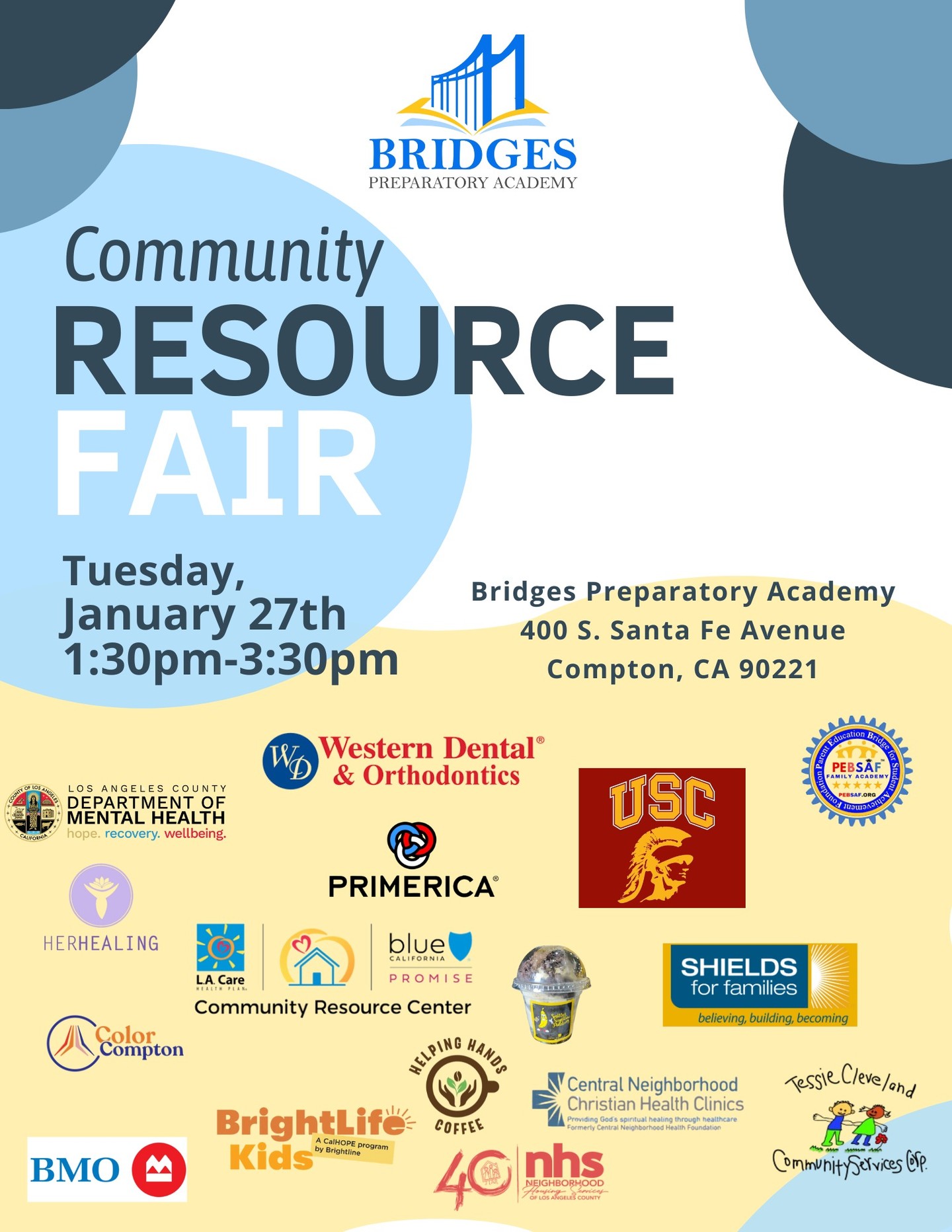 The Community Resource Fair is almost here! Please join us on Tuesday, January 27, from 1:30 to 3:30pm, for an opportunity to connect with a variety of community partners offering valuable resources and free consultations for our students and their families! Buy and enjoy delicious food from our vendors while taking advantage of this opportunity to gain more information regarding medical and financial matters. We hope to see you here!