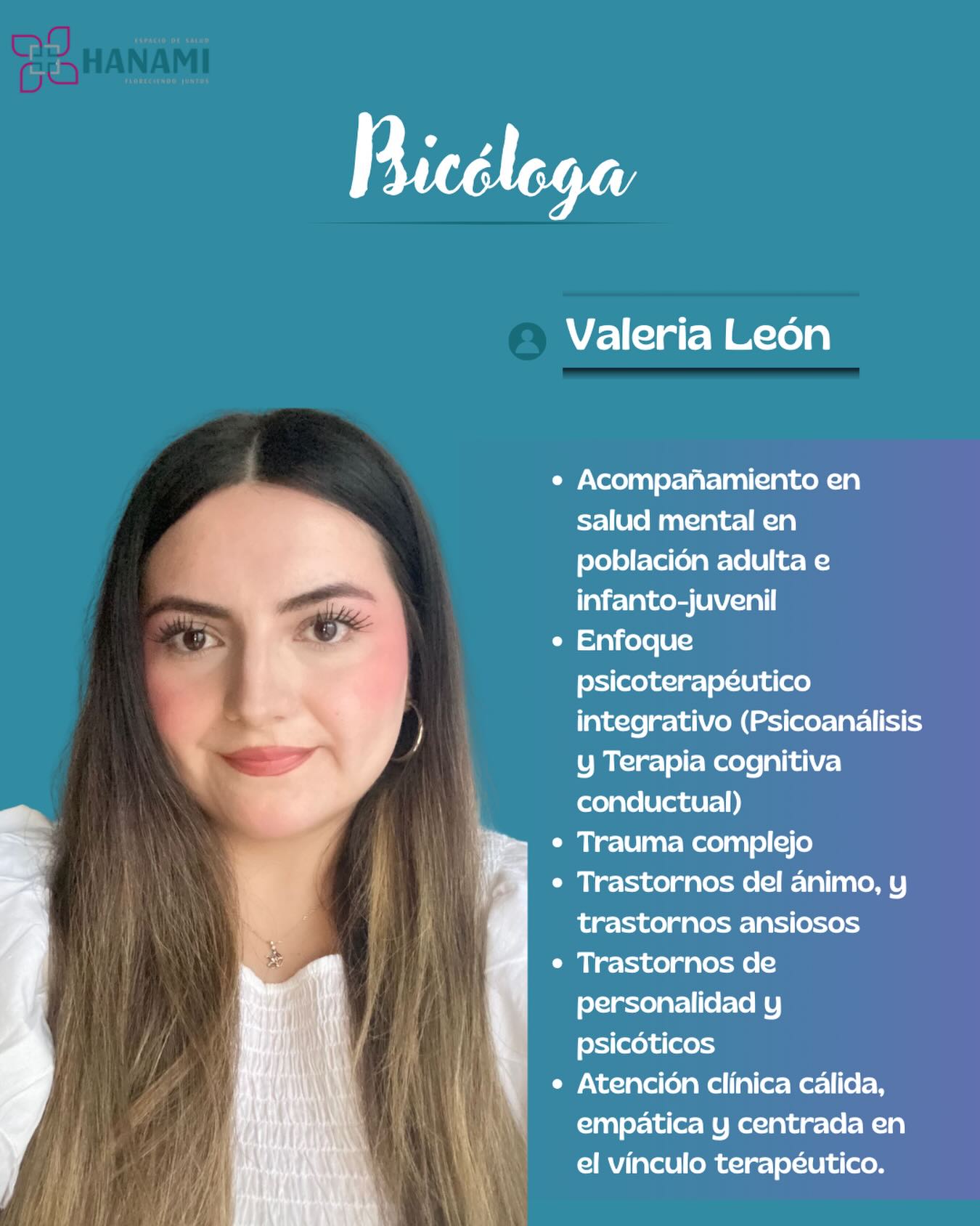 ✨ Conoce a Valeria León ✨
Psicóloga de nuestro equipo de Espacio de Salud Hanami, con experiencia clínica en salud mental en población adulta e infanto-juvenil.
Valeria acompaña procesos relacionados con trauma, trastornos del ánimo y ansiedad, desde un enfoque psicoterapéutico integrativo, flexible y centrado en las necesidades de cada persona.
Su trabajo se caracteriza por una atención cálida, empática y respetuosa, donde el vínculo terapéutico es un pilar fundamental del proceso. 🌿
✨Agenda tu atención online con nuestra Psicóloga Valeria León 🌸
#TeAcompaño
#NoEstásSola
#HablemosDeSaludMental
#tusaludimporta