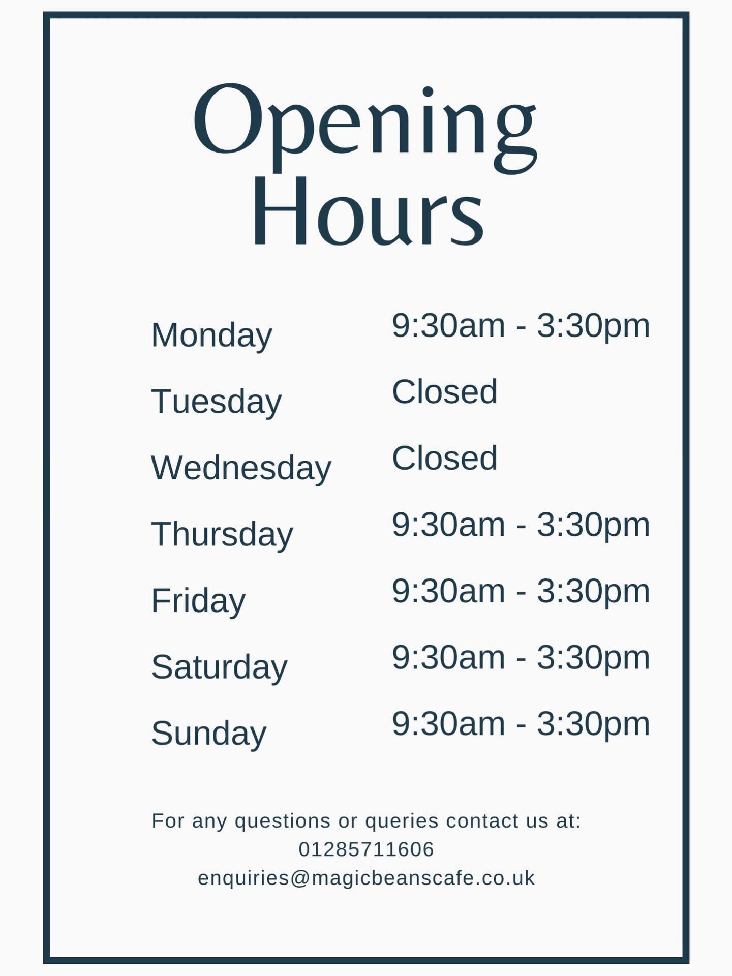 From Monday 2nd February we will be changing our opening hours.
We hope to see you in from Thursdays to Mondays.