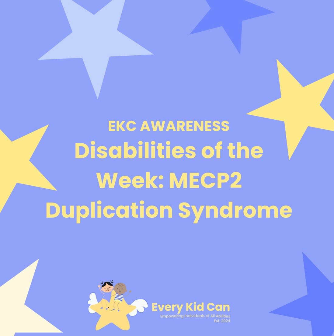 Every Kid Can is excited to share our seventh educational post about different disabilities! This week, EKC focused on three different disabilities: Cerebral Palsy, FOXG1 Syndrome, and MECP2 Duplication Syndrome. MECP2 Duplication Syndrome is a rare genetic and neurodevelopmental condition, caused by an extra copy of the MECP2 gene on the X chromosome. A child with this disorder may exhibit delayed developmental patterns, issues with using hands and walking, epilepsy, and intellectual disabilities.
Sources used for this post are included.
#EveryKidCan #mecp2duplicationsyndrome #InclusionMatters #awareness