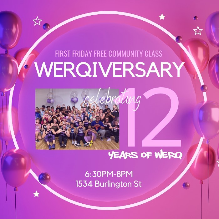 You’re invited! WERQ is turning 12 and we’ve got the BEST playlist and party ready for you! ✨🎂💜
Where: The WERQ Studio
When: 6:30-8PM
RSVP: Sign up on the Mindbody app to save your spot on the dance floor! Spots are limited.