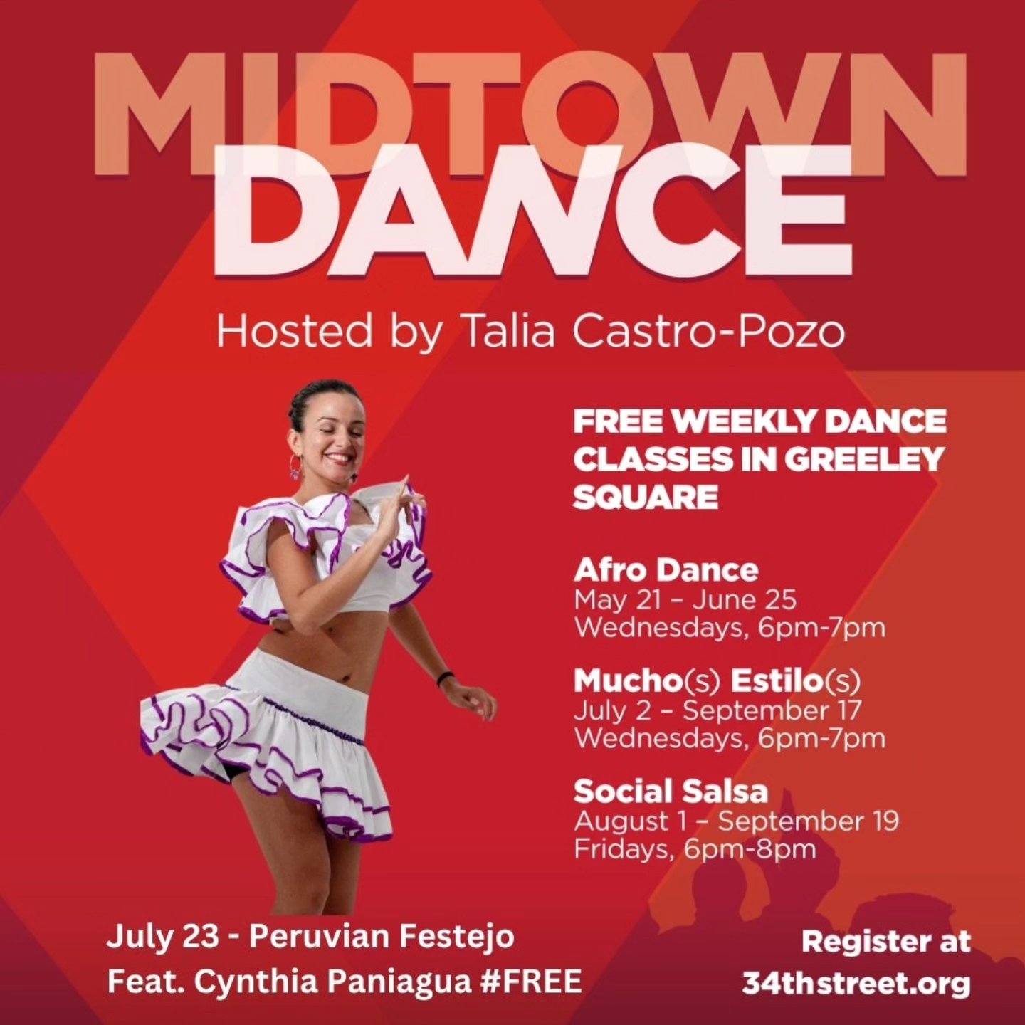 Esooo ! I'm excited to be back teaching Festejo at Midtown Dance on WEDNESDAY JULY 23rd, 6:00 pm! It's free and open to all ❤️💃🏽
Hosted by @taliacp, this promises to be ❤️🇵🇪💃🏽🔥. Get your hips & Peruvian pride ready for this one!
Where: Manhattan
Greeley Square park smack in the center of my city NY!
More info & register at: 34thstreet.org
Nos vemos alli, bailando con todoooo 🇵🇪💃🏽🇵🇪💃🏽
#kaypachadance #festejonyc #fiestaspatriasperu #afroperuviandance #peruviansinthediaspora #midtowndance #esoooo #teamoperu #nycbaby