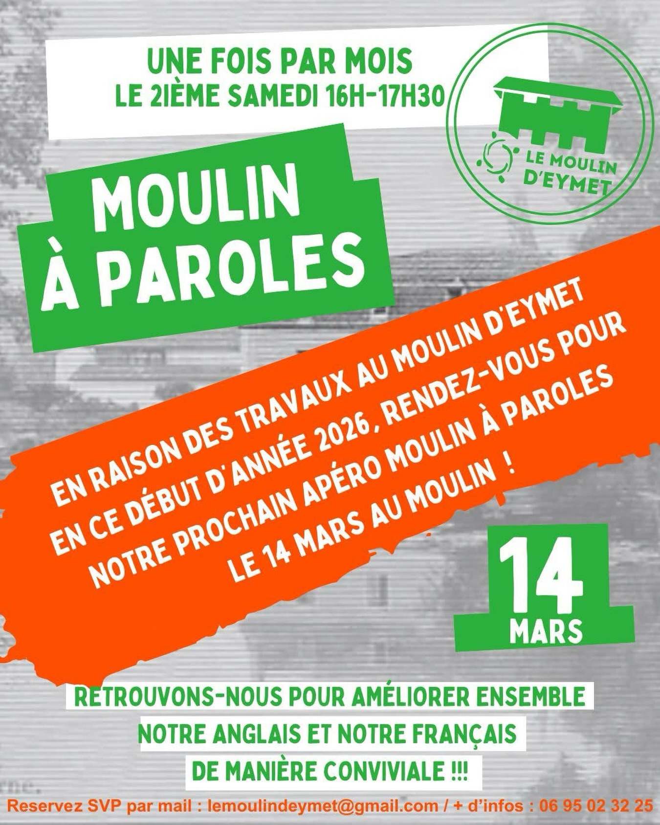Chers ami.e.s du Moulin d’Eymet, DÉSOLÉ, SORRY, on est en TRAVAUX en ce début d’année pour améliorer votre accueil et accessibilité à ce vieux moulin du 13ème siècle. Retrouvons-nous en MARS pour reprendre nos activités et nos rencontres, à commencer par nos apéros moulin à paroles ! D’ici-là, portez-vous bien et restons en contact sur Facebook et Instagram !
