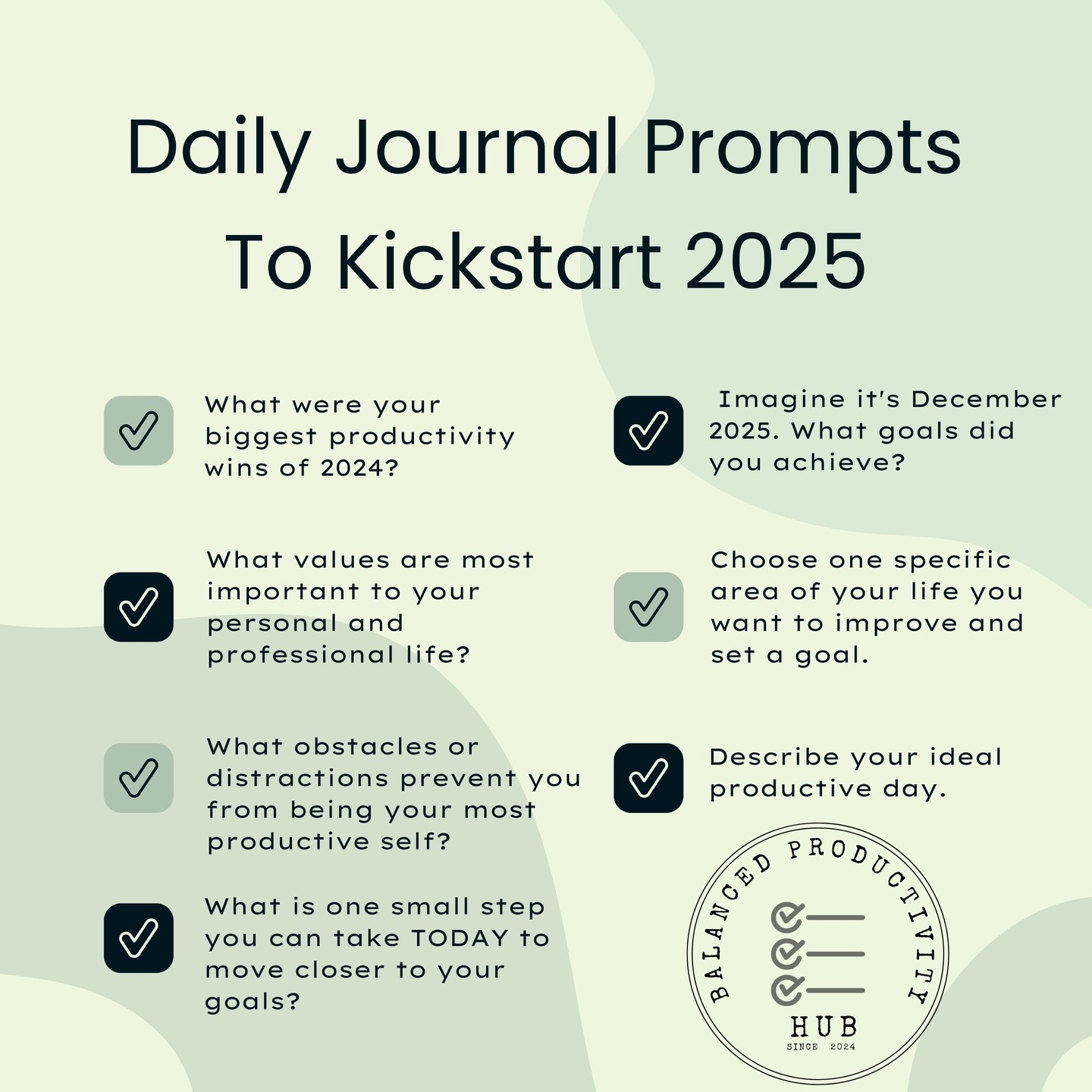 🚀 Kickstart 2025 with Daily Journaling! 🚀
Use these prompts to set the stage for a productive and fulfilling year:
✅ Reflect on your wins: Celebrate your 2024 achievements!
✅ Define your values: What truly matters in your life?
✅ Identify obstacles: What's holding you back?
✅ Visualize your future: Where do you want to be by December 2025?
✅ Take action TODAY: One small step can make a big difference.
Let's make 2025 your best year yet! 💫
#productivity #journaling #prompts #goals #success #newyear #2025 #balancedproductivityhub #selfreflection #motivation #dailyhabits #growth #mindset