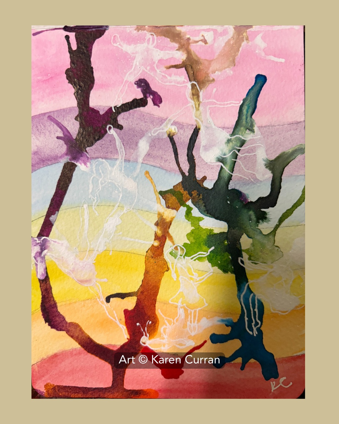 'Chakra Dance' painting.
It is presently a heat wave here, and I am making the most of the cool inside with lots of painting, and experimenting allowing flow. Here is one of them.
Artist: Karen Curran, Watercolours and inks on 300gsm, small 120 x 160mm.
www.quietwonder.au