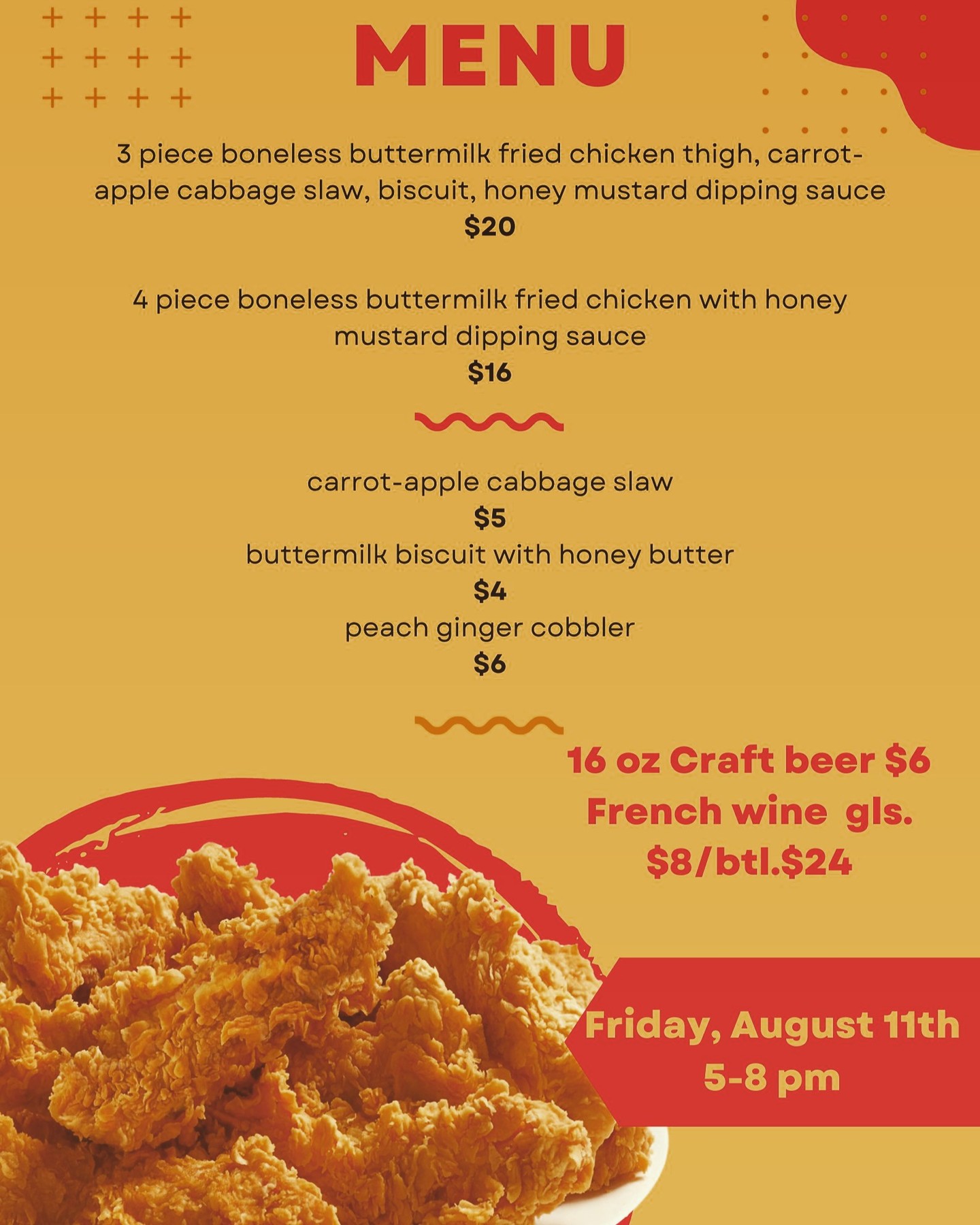 We're very excited to invite you to our fried chicken dinner on this Friday night from 5-8 pm. It'll be the first dinner that we've had in 5 years and it's going to be super delicious! Seating is first come first serve and it's for dine in or carry out.
If you can it would be a big help to us if you called in your order ahead of time at (510) 842-9308 during business hours so we have a better idea of how much to prepare. Otherwise we'll see you on Friday!!