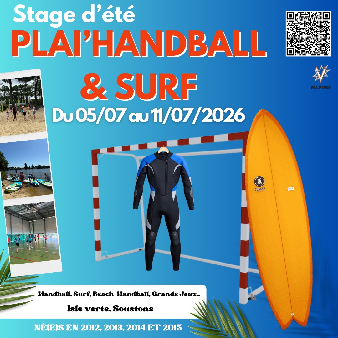 SÉJOUR D'ÉTÉ ☀️🌊🤾♂️
Le Comité Départemental de Handball du Val d’Oise est ravi d’annoncer la 3e édition du PLAI’HANDBALL & SURF,
Du 05 au 11 juillet 2026 !
Inscris-toi grâce au lien dans de notre bio avant le 31 Mars pour participer !
Destination Soustons dans les Landes 🏖️
Au programme :
- Pratique du Handball et du Beach-Handball
- 2 sessions d’initiation au surf
- Grand Jeux
- Moments de convivialité et de partage
Le séjour est ouvert aux licenciés et licenciées né(e)s entre 2012 et 2015 🧡🖤
#valdoise #handball #plage #sejour #surf #vacances