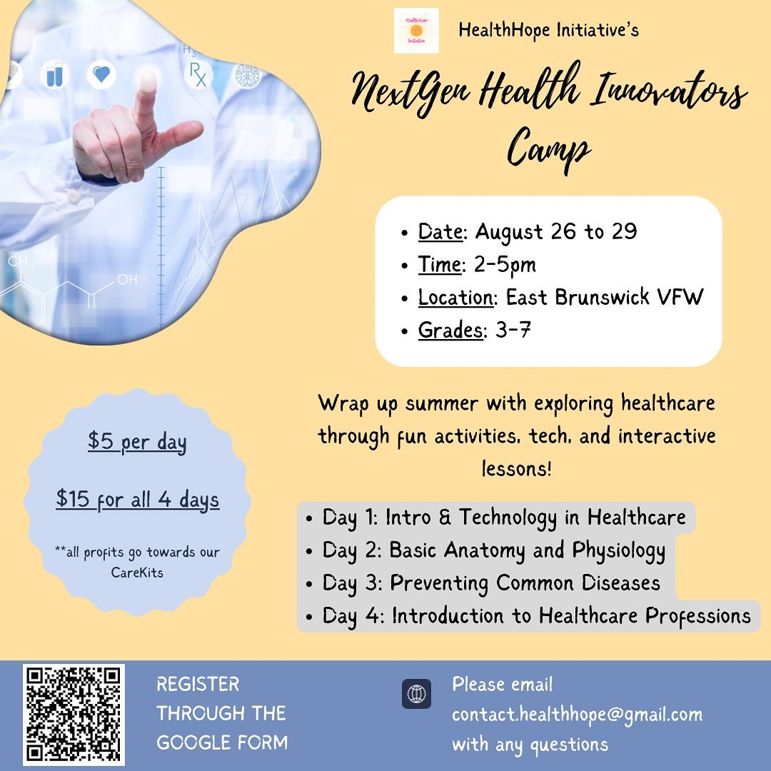 Join our NextGen Innovators Camp and explore the future of healthcare and technology! 🌟 Limited spots available—register now at https://forms.gle/3rcmXzyHFEsicPYE7
If you have any questions, please DM or email us at contact.healthhope@gmail.com
#nextgeninnovators #awareness #healthcamp