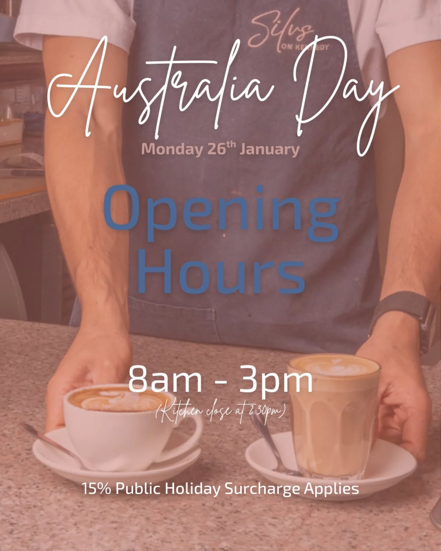 Yes, we're open on Australia Day (Monday 26th of Jan) from 8am-3pm!
We'll be here for all your long weekend needs; serving great brunches, house-baked scones & muffins, speciality coffee & refreshing juices and smoothies.