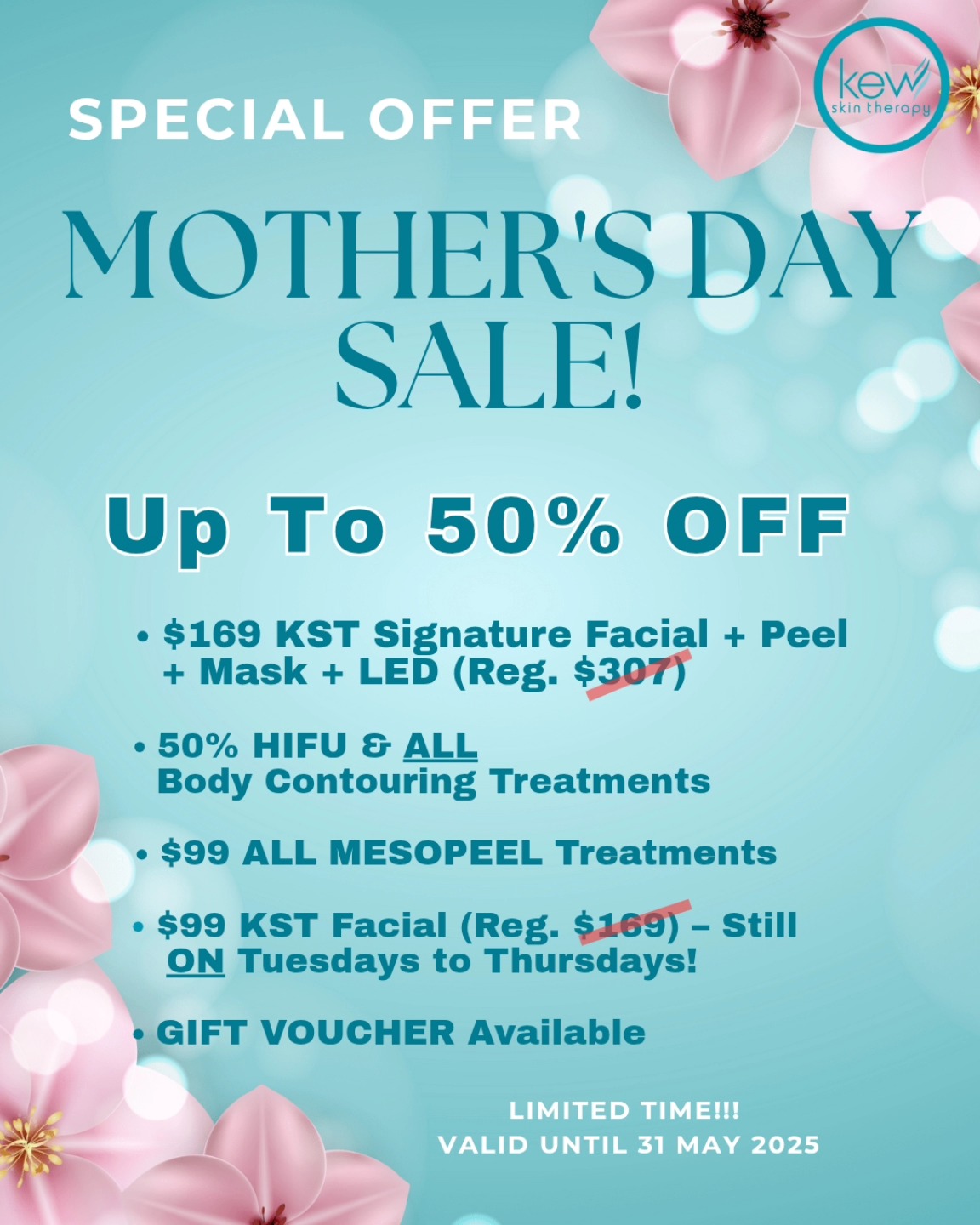 It’s Never Too Early to Plan the Perfect Mother’s Day Gift! 🥰
✨️Up to 50% OFF
on Beauty & Aesthetic Treatments at
Kew Skin Therapy!✨️
Give Mum the pampering she deserves this Mother's Day with our special limited-time offers.
Available NOW!
BOOK NOW!
https://www.kewskintherapy.com.au/
Kew Skin Therapy
📍174 High Street, Kew, VIC 3101
📞(03) 9853 4544
📞0481 299 810
@followers
@highlights
#Kewskintherapy
#Mother'sday
#Mother'sdayspecial
#skinclinic
#skinscience
#Kew
#kewskinclinic
#melbourneclinic