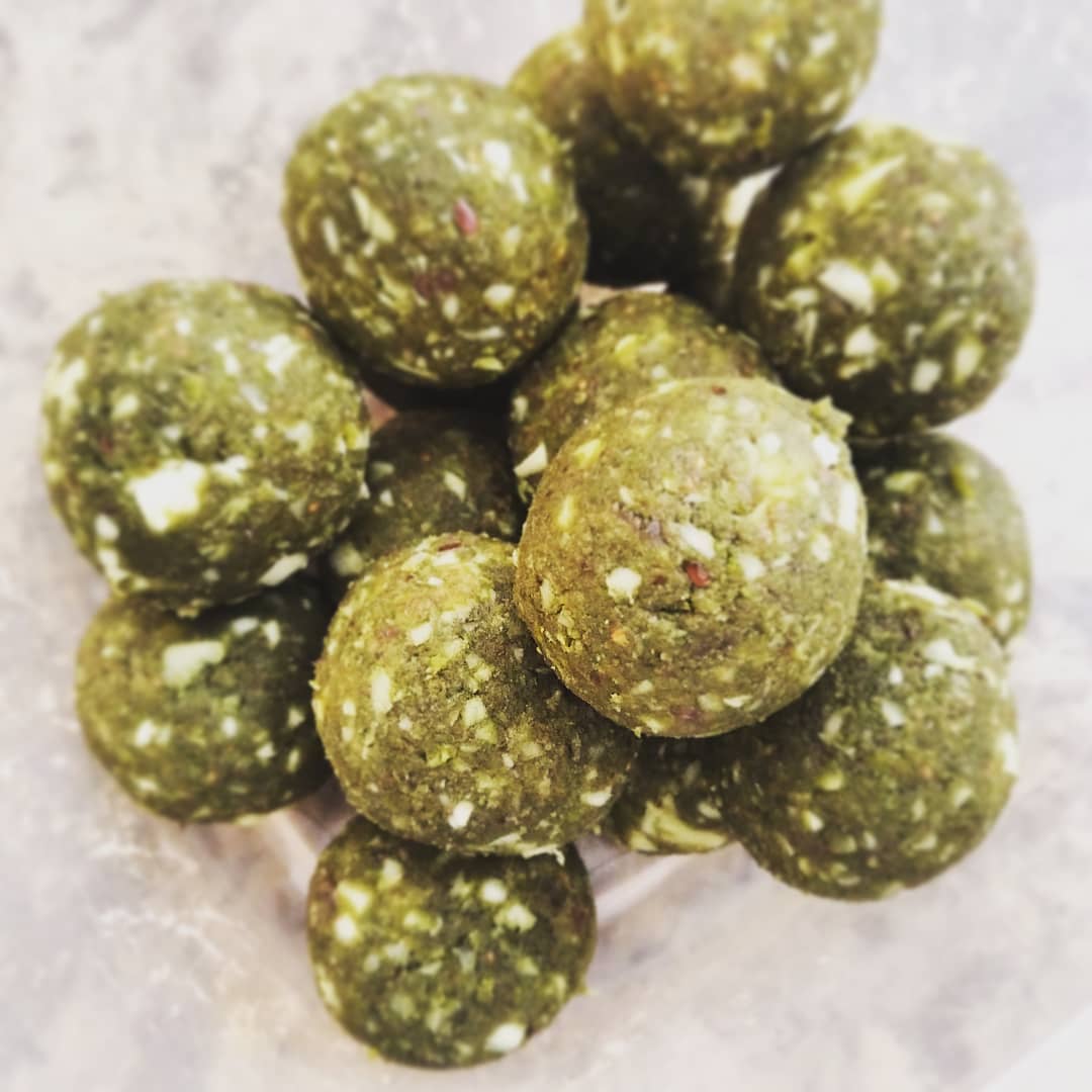 When one of your puppy families sends you home with Green Energy Balls - "because you'll need energy for the drive home"(so cute!) - and you realize they are like heaven on earth, you immediately learn how to make them! #greenballs #matcha #love #ausableriveraussies #happyfamilies #fortheloveofdogs #proudbreeder