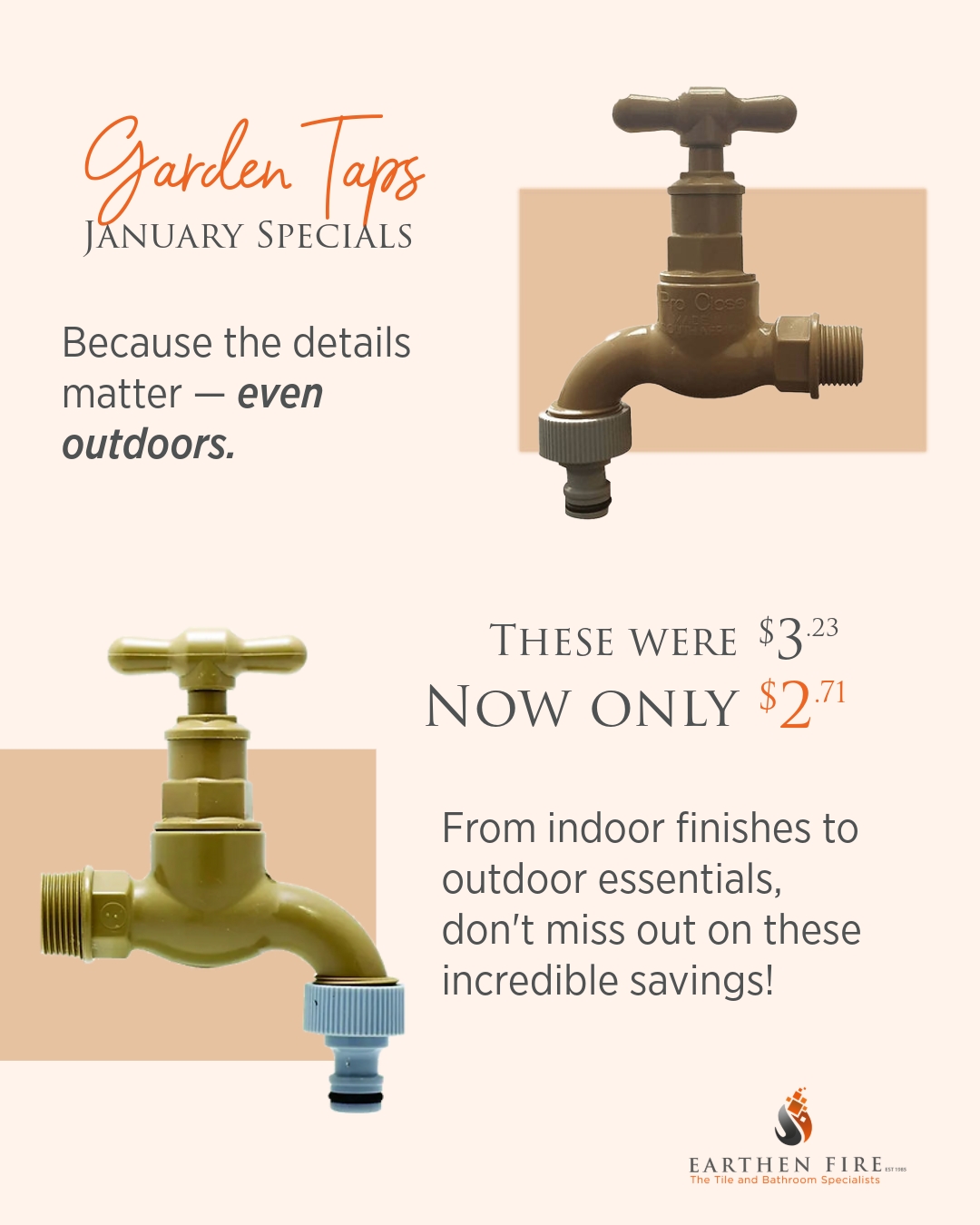 Because the details matter — even outdoors. 🌿
From indoor finishes to outdoor essentials, good design carries through every space. Our garden taps combine durability with a clean, considered look — practical pieces that still feel intentional.
Enjoy these January savings while they last.
📲 https://wa.me/263772204044
#EarthenFire #JanuarySpecials #GardenTaps #OutdoorLiving #DesignFromInsideOut #ThoughtfulDetails #HomeEssentials