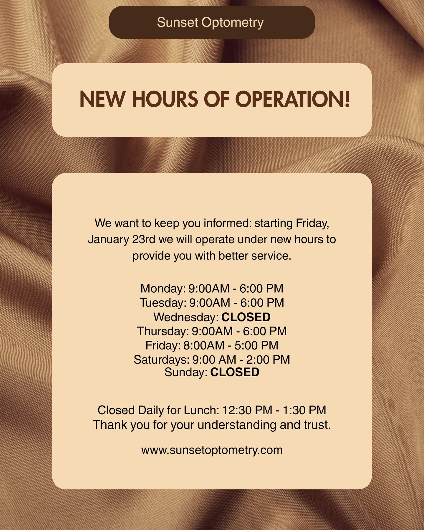 โจ New hours, same great care! Check our updated schedule ๐
More time to take care of you ๐๐ค #sunsetoptometry