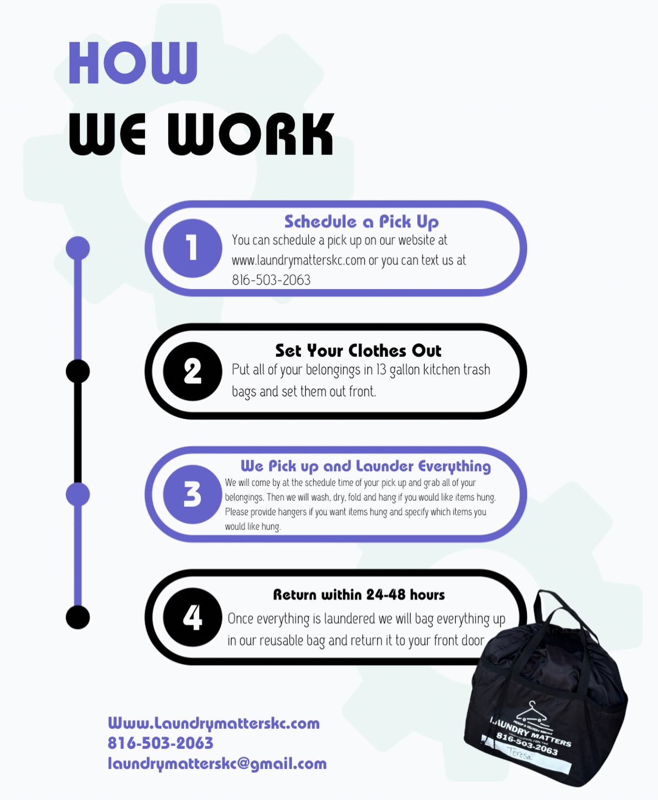 Ever wondered how our services work?!
Here is how easy and convenient our services are!
We offer one time services, biweekly, weekly, and membership options!
Message us today to schedule your laundry pick up!
