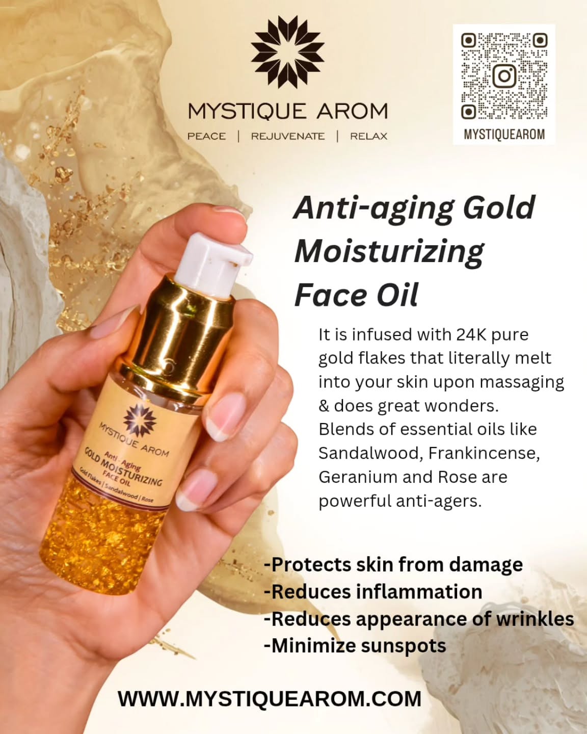 Anti-aging Gold Moisturizing Face Oil 30 ml
Pump out a few drops and massage thoroughly over the cleansed face for a few minutes. An extra amount can be applied over troubled skin areas. Apply daily before bed and leave overnight.
https://www.mystiquearom.com/product-page/anti-aging-gold-moisturizing-face-oil-20-ml
#mystiquearom #terminal21asok #goldoil #platinumfashionmall