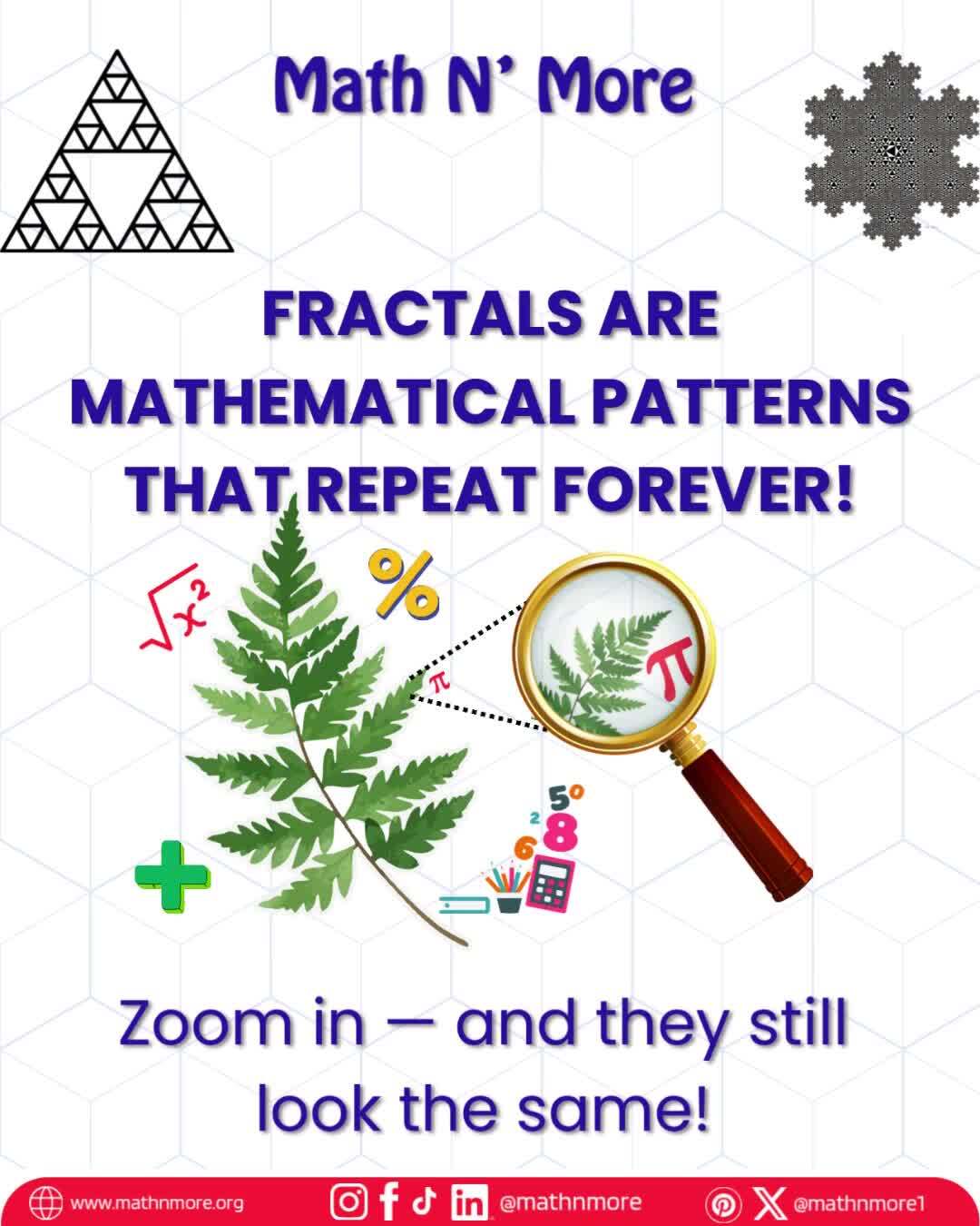Zoom in. 🔍
Zoom in again. 🔬
Still beautiful. Still complex. 🌿❄️⚡
That’s the magic of fractals — infinite patterns repeating at every scale, from broccoli to lightning to snowflakes. ✨
#Fractals #MathNMore #MathIsArt #STEMbeauty #MathMonday #MathIsFun