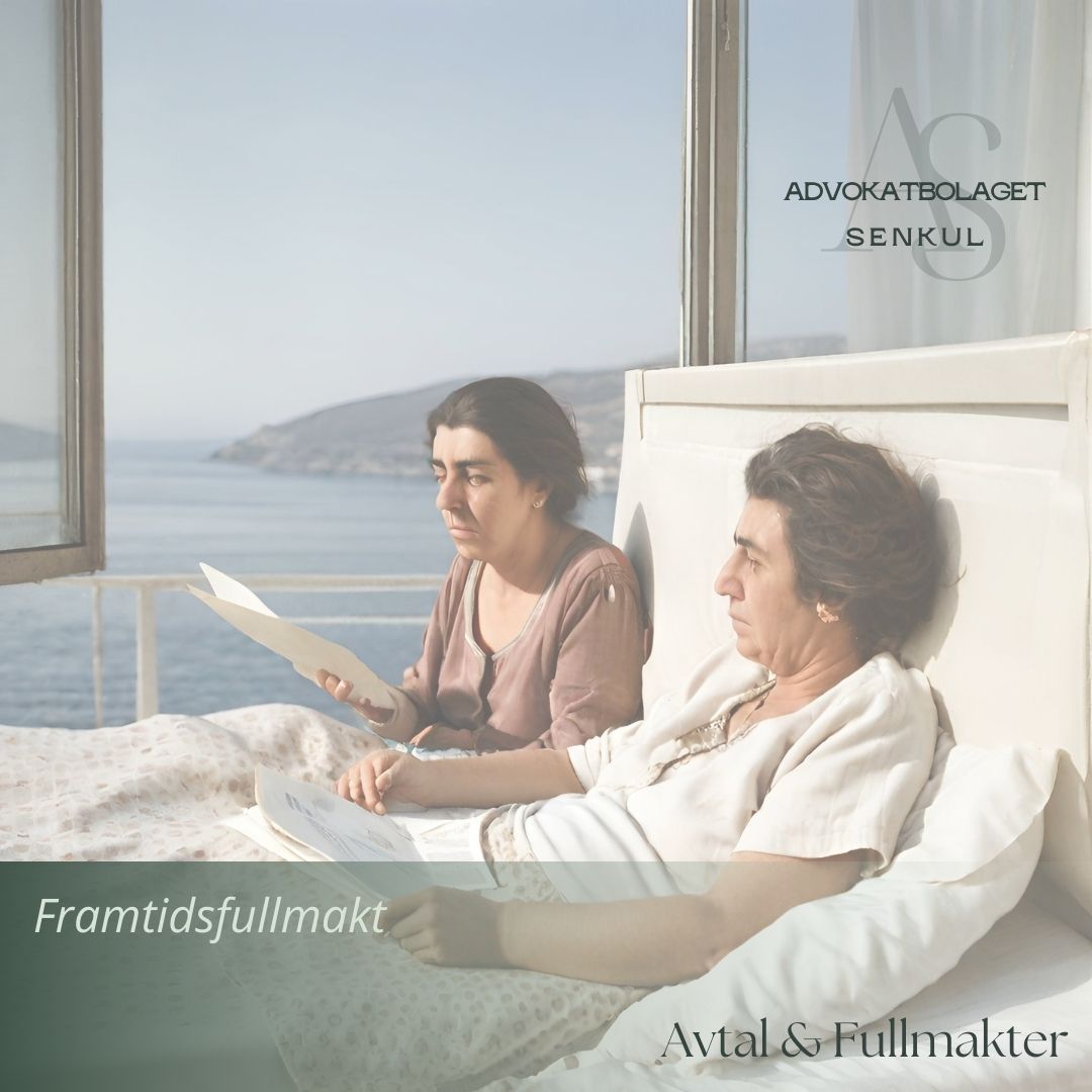 Tänk efter före...
Med en framtidsfullmakt kan du bestämma vem som ska ta hand om dina personliga och ekonomiska angelägenheter om du kommer till en punkt i livet där du själv inte längre klarar det. Det kan vara så att du på grund av sjukdom, psykisk störning, ett försvagat hälsotillstånd eller annat liknande förhållande inte längre har förmågan att ha hand om de angelägenheter som fullmakten avser. I stället för att tilldelas en god man kan du i förväg med en framtidsfullmakt själv utse någon du litar på.
Framtidsfullmakten blir endast giltig då du inte längre kan förstå konsekvenserna av dina beslut. Om du aldrig förlorar din beslutsförmåga börjar framtidsfullmakten aldrig att gälla.
En framtidsfullmakt ger exempelvis inte tillåtelse att upprätta testamente, ingå eller upplösa äktenskap, bekräfta faderskap eller bestämma om sjukvård mot en persons vilja. Däremot kan du via en framtidsfullmakt till exempel bestämma att den du ger fullmakten till ska kunna betala dina räkningar, ta hand om eventuell egendom och företräda dig i frågor om social omsorg och boende.
¤
¤
¤
#framtidsfullmakt #avtal #ålderdom #sjukdom #proaktiv #tänkefterföre #advokat #jurist #stockholm #norrmalm #vasastan #fullmakt #viföräldrar #familj #barn #föräldrar
¤
¤
¤
(Bilden är AI-genererad)