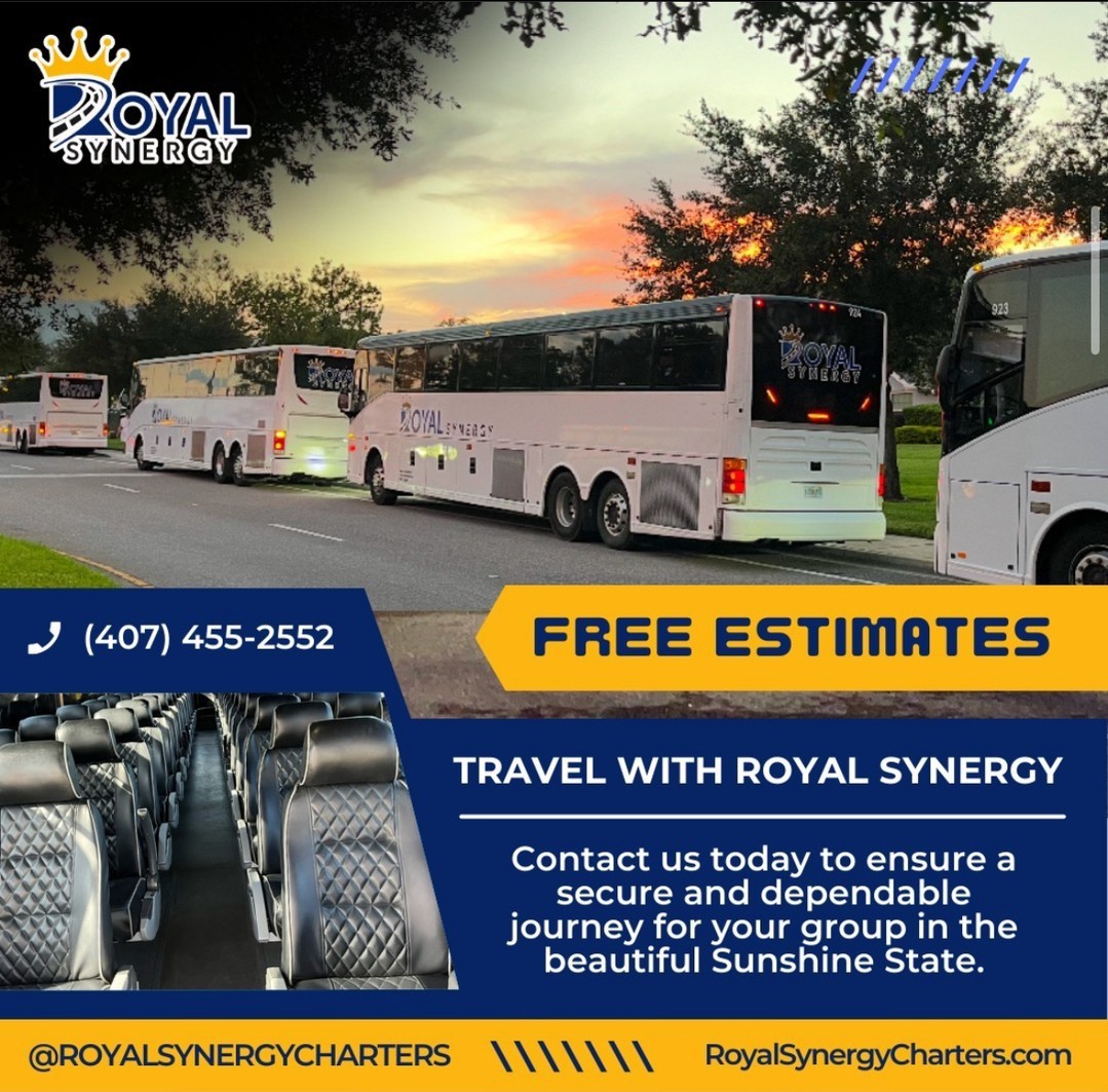 Travel in comfort and style with Royal Synergy! Get your free estimates today and enjoy a safe, dependable journey through the beautiful Sunshine State.
•
#RoyalSynergyCharters #LuxuryBus #TravelFlorida #GroupTransportation #FreeEstimates #ComfortAndSafety #SunshineStateJourney #CharterBusService
